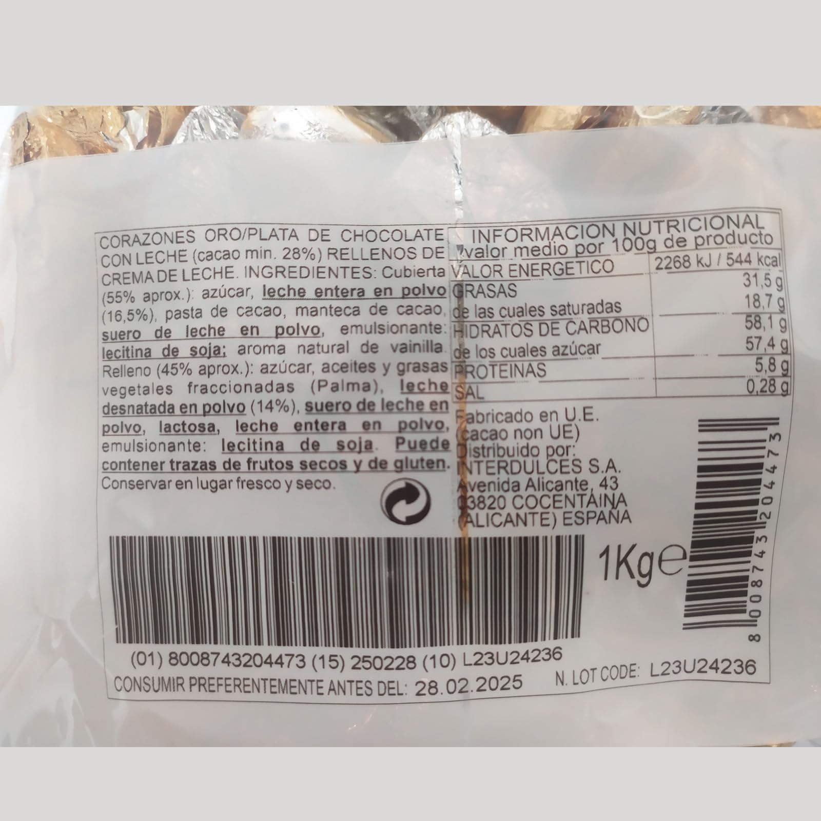 Deliex Delicias de Extremadura - 1 kg de bombones de chocolate con forma de corazón rellenos de crema de leche, dorado y plateado bolsa de 1 kilo (130-140 unidades aprox)