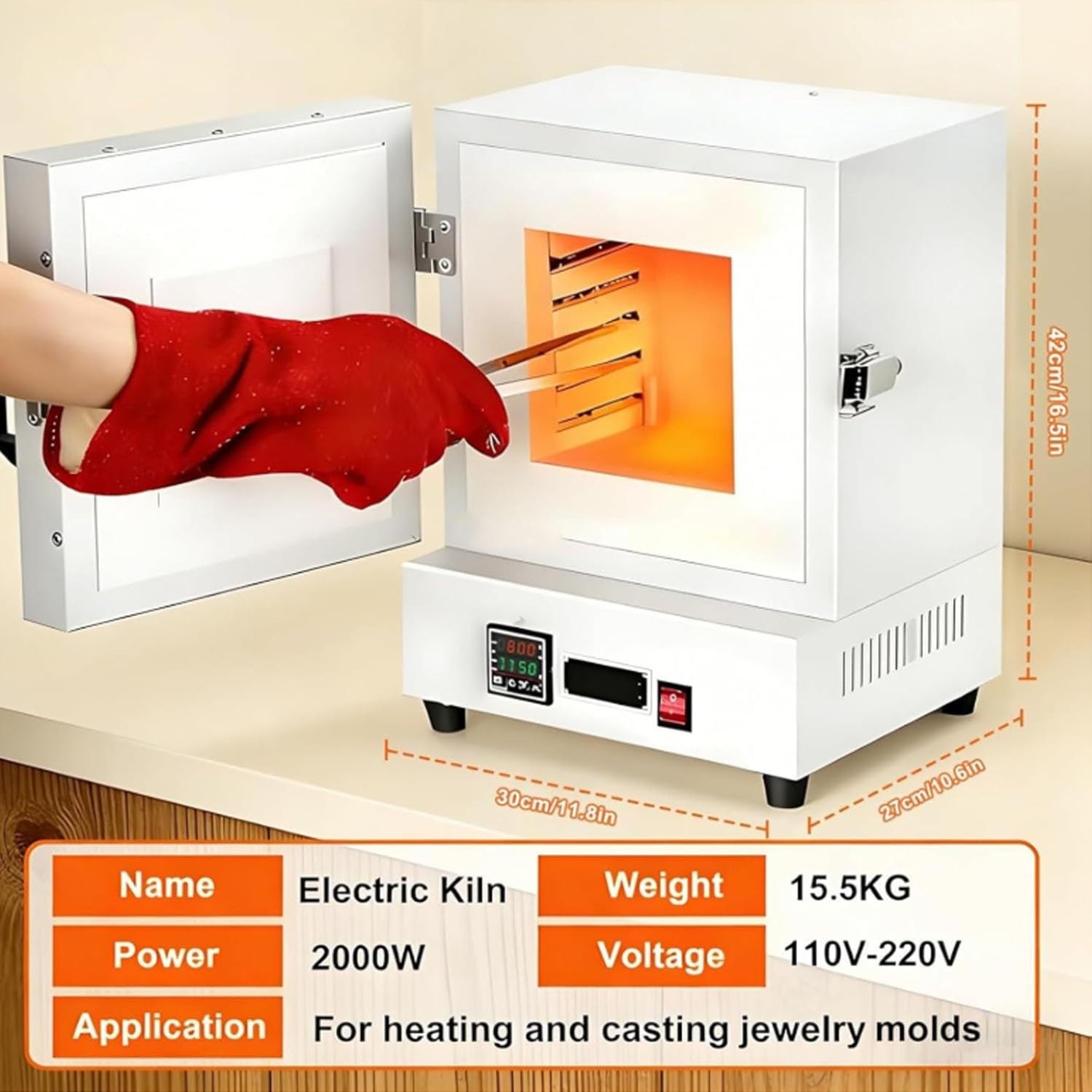 Horno de mufla eléctrico digital de 1150 ℃, horno de combustión de mesa compacto de 2000 W for uso en laboratorio, fabricación de joyas, cerámica y proyectos de fusión