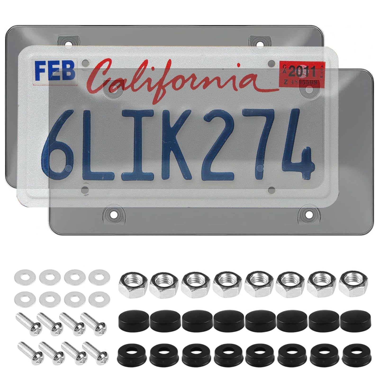 A Pair of License Plate Protector - Clear Plastic Cover with Black Frame for Car Tag, Unbreakable Protector to Safeguard License Plate from Wind and Rain, Includes Screws & Caps