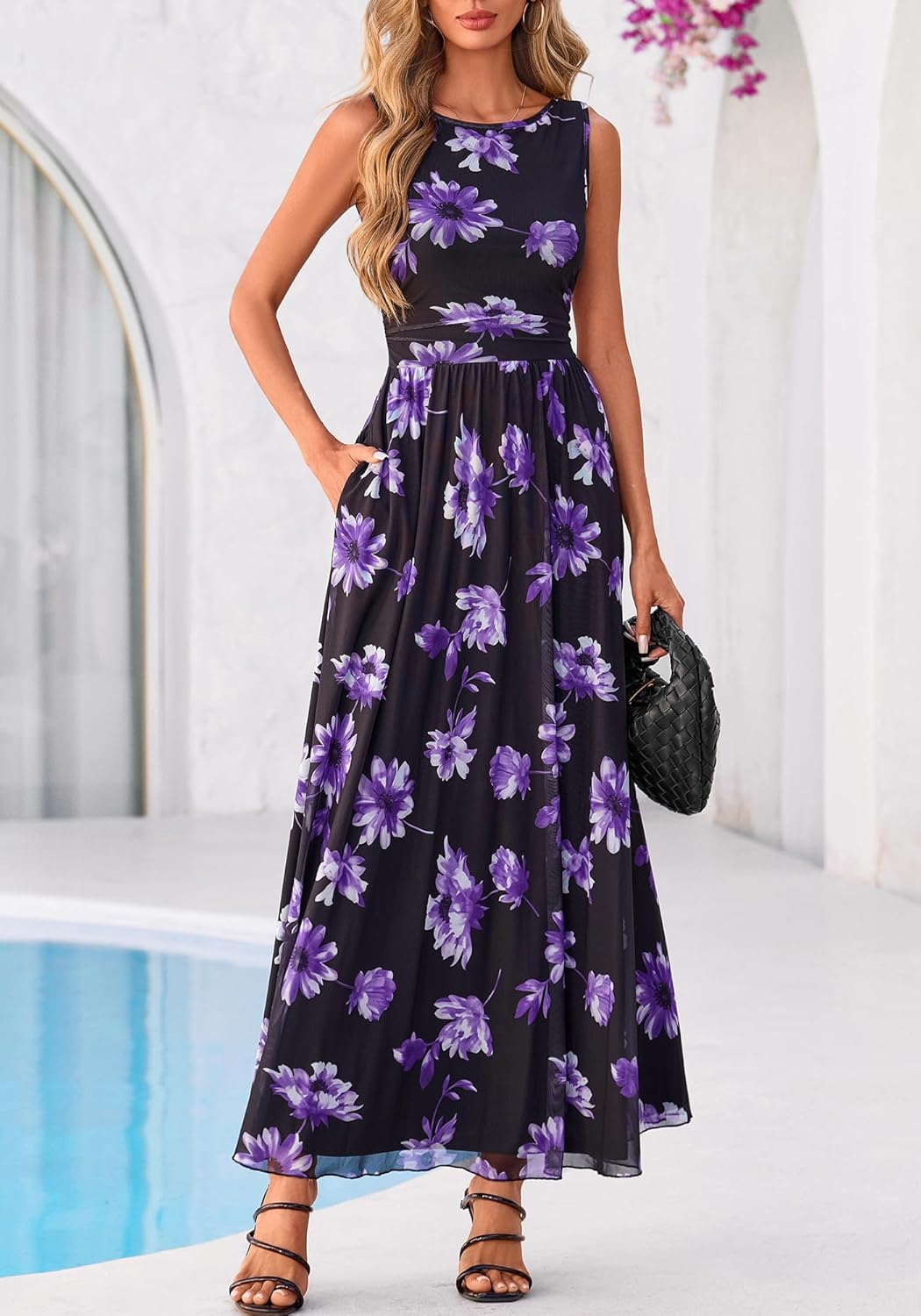 BTFBM Summer Dresses for Women 2026 Floral Maxi Dress Sleeveless Mesh Flowy Long Sundress Beach Vacation Clothes Pockets - Image 11