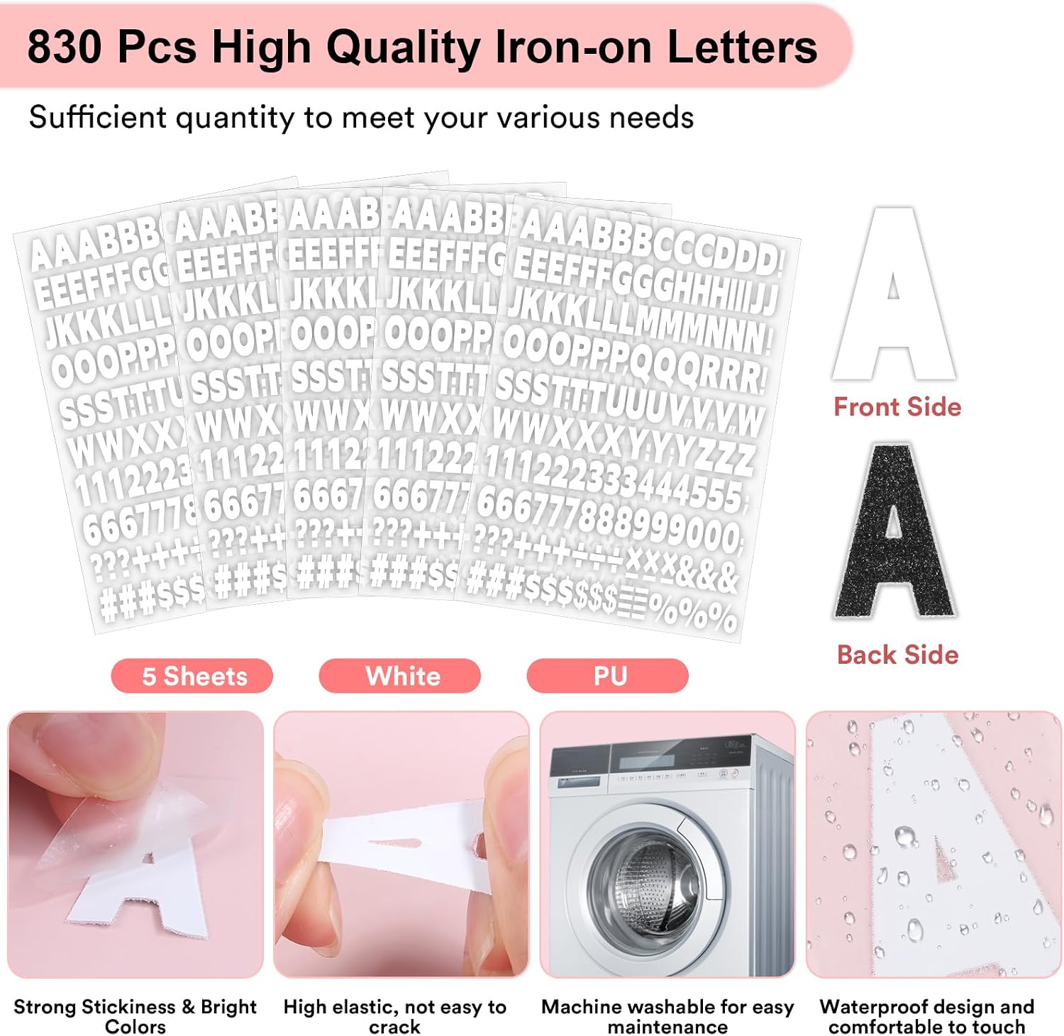 5 Sheets 830 Pieces Iron on Letters and Numbers for Clothing, 1 Inch Iron on Vinyl Letters with A-Z Heat Transfer Letters 0-9 Iron on Numbers PU Alphabet Stickers for T-Shirt Printing DIY Craft, White