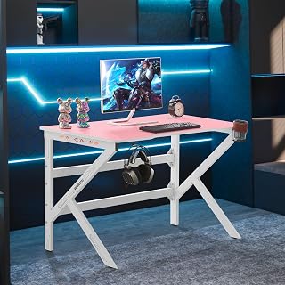 Jamiah 120x60cm Gaming Desk with LED Lights, Computer Gaming Desk with Carbon Fibre Surface, Metal Frame PC Desk with Headphone Hook and Cup Holder For Home Office (Pink)
