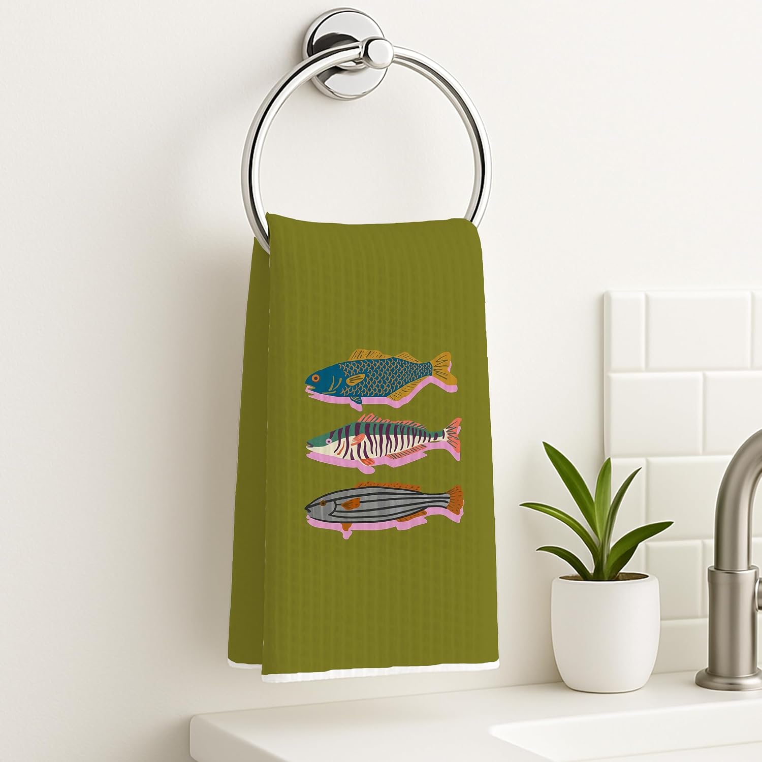 Olive Green Fish Kitchen Dish Hand Towels 16x24, Lake House Decor image 4