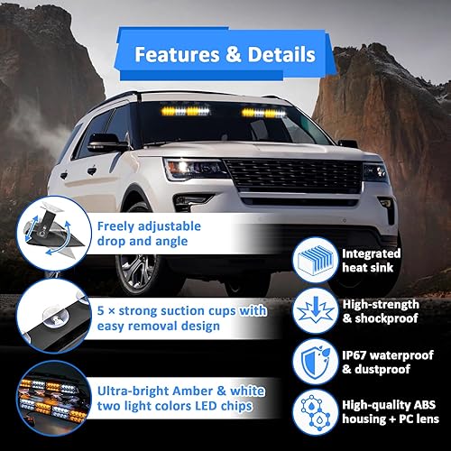 Miniatura 3 de Wsays 16 luces LED de 2 x 14 pulgadas, color ámbar blanco, luz estroboscópica para tablero con controlador y arnés de cableado y ventosa, barra de