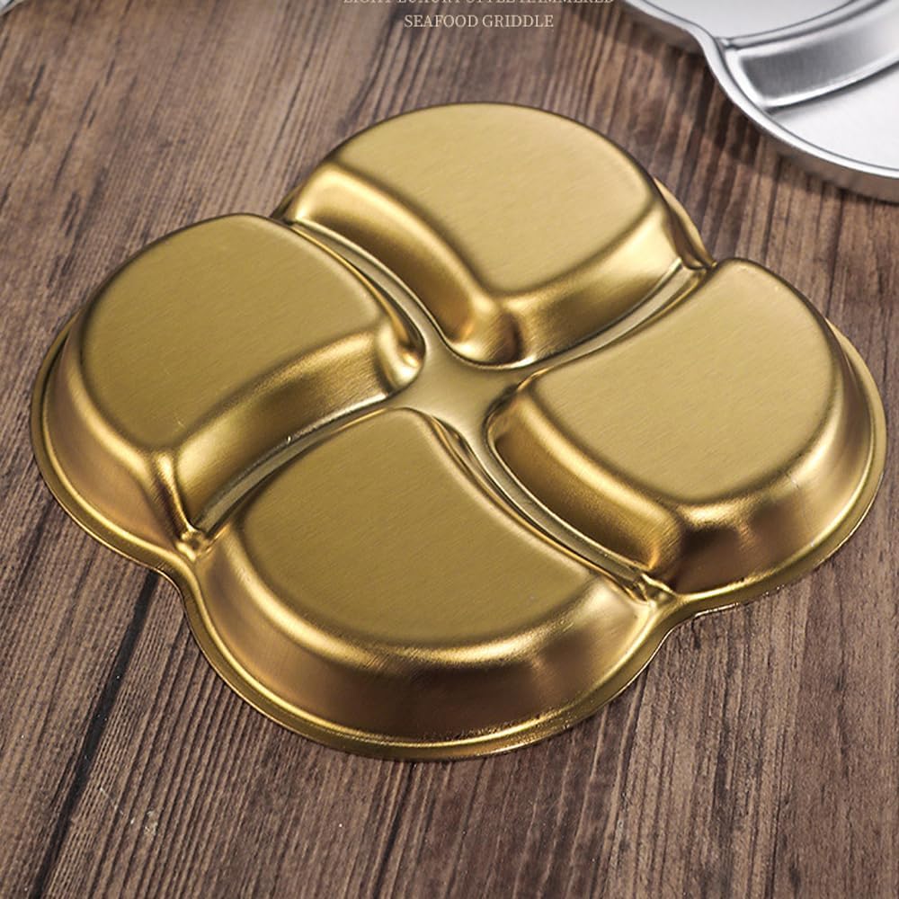 4 Pcs Soy Sauce Dish Stainless Steel Divided Dip Bowls Korean 4 Compartment Gold Sauce Plate Seasoning Dipping Condiment Tray for BBQ Vinegar Spice Salt Sugar Flavor Home Restaurant