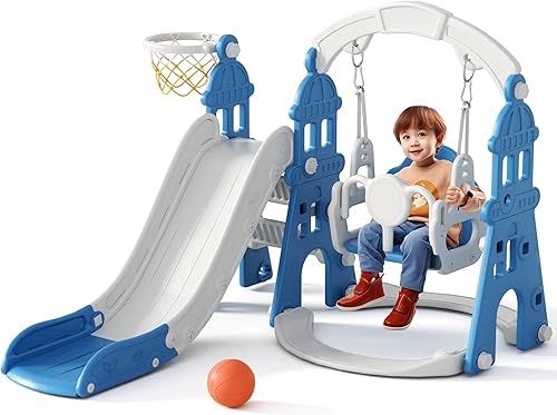 XJD Juego de toboganes y columpios 6 en 1 para niños pequeños de 1 año, juego para exteriores con aro de baloncesto, columpio, patio de juegos al