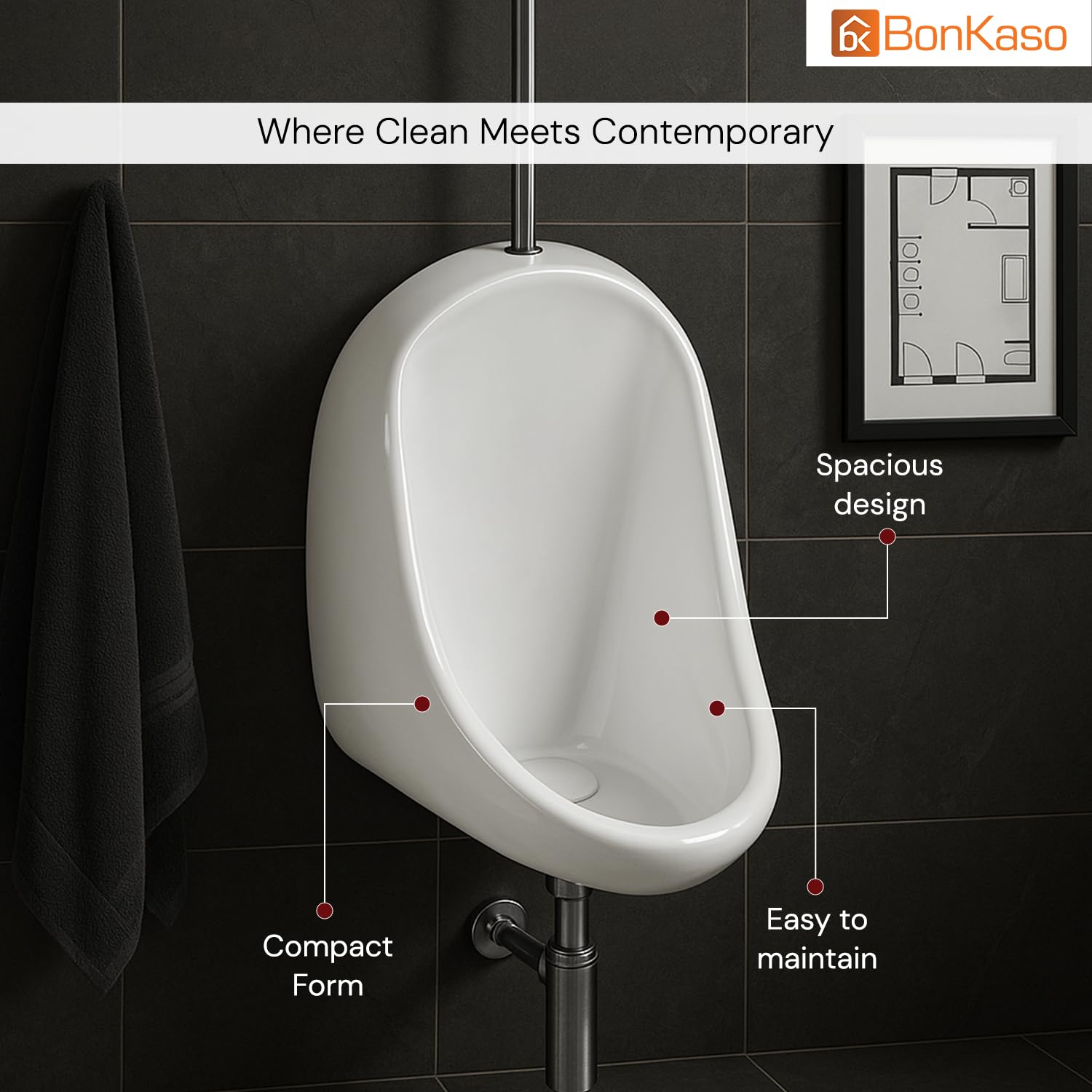 BonKaso White Ceramic Wall Mount/Hung Urinal for Men and Boys | Size (12 x 11 x 15.3 Inches) | Premium Designer Urinal Pot for Gents | Modern Sanitary Ware for Bathroom/Washroom/Toilet 1