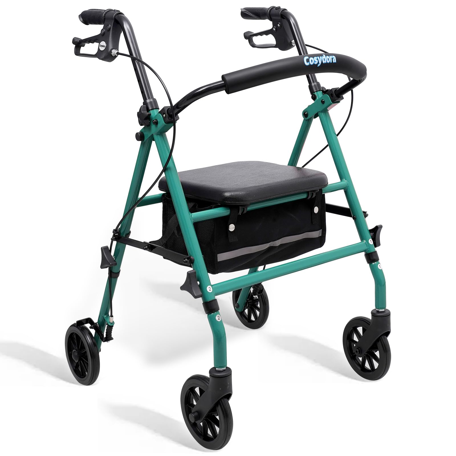 cosydora walkers for seniors, foldable rollator walkers with seat, 6" all-terrain wheels, 350 lb weight capacity, adjustable handles and seat height, lightweight rolling walker, shimmer green