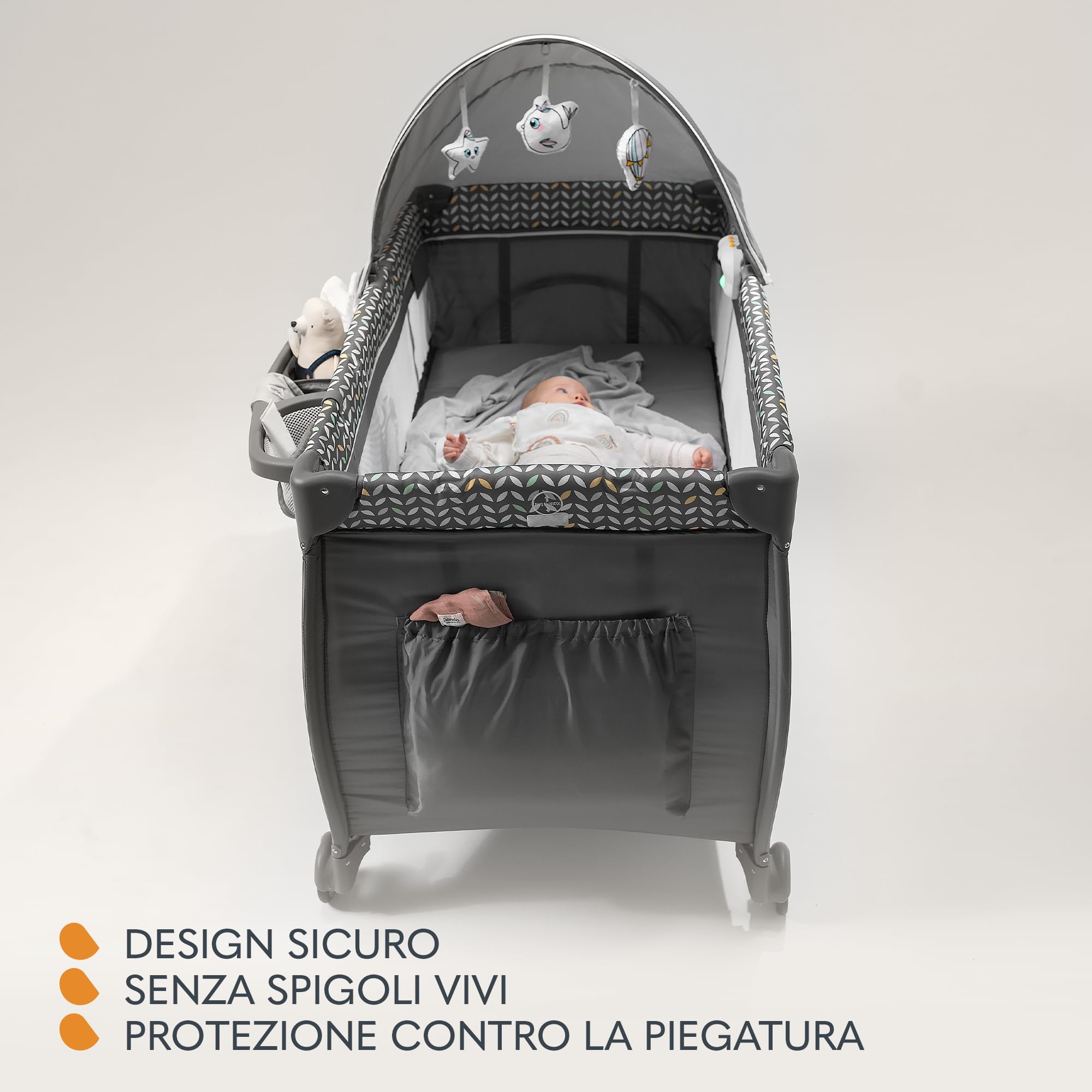 LIONELO Lettino da Viaggio SVEN con Materasso, Dalla nascita fino a 36 mesi, Lettino pieghevole con Fasciatoio, Baldacchino, Giocattoli Pendenti Ingresso laterale aggiuntivo LockGuard, Route con freno