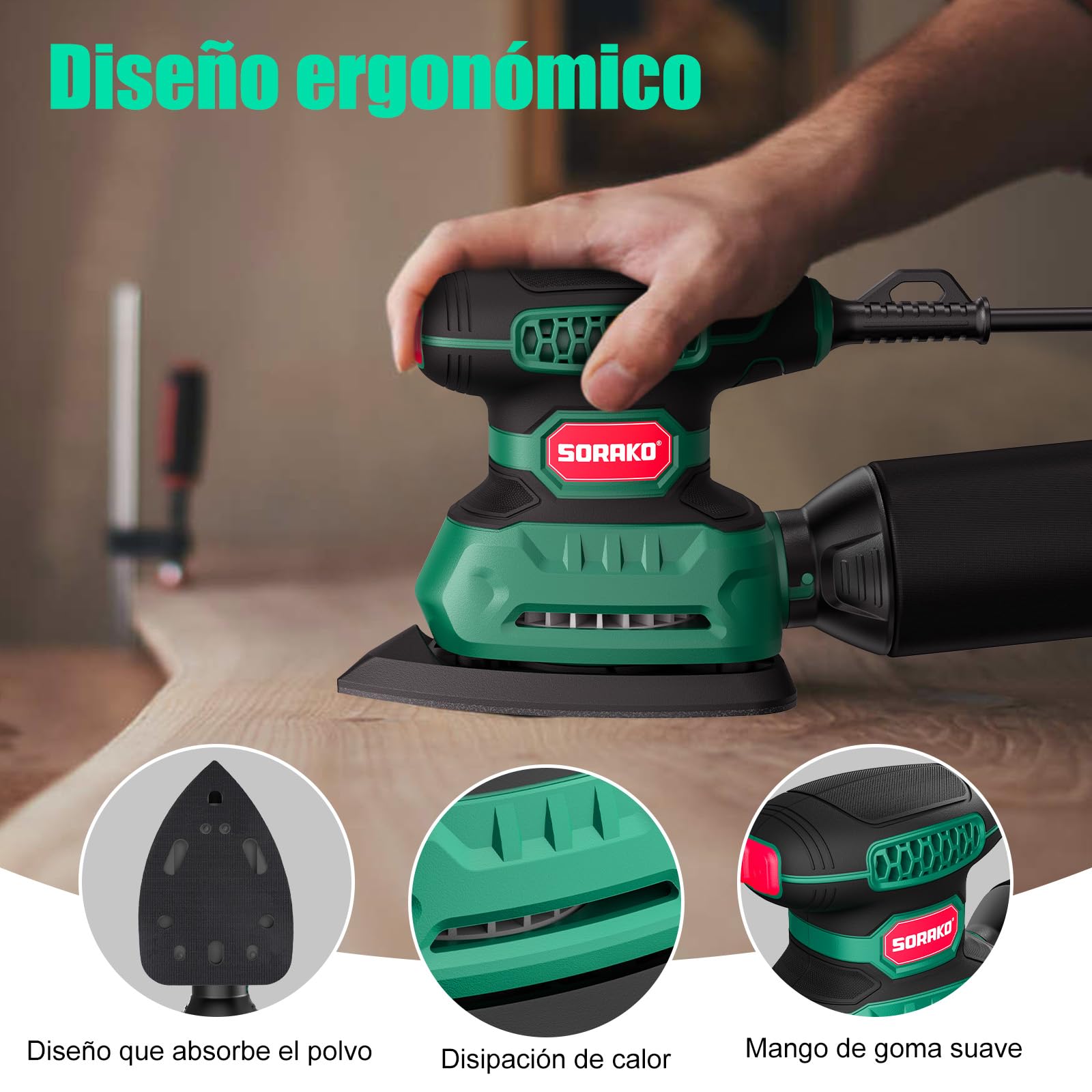 SORAKO Lijadora Madera 220W 14000 OPM Lijadora Electrica Con Bolsa Para Polvo Y 16 Hojas De Lija, Ideal Para Lijar Superficies De Madera Y Acero En Espacios Reducidos