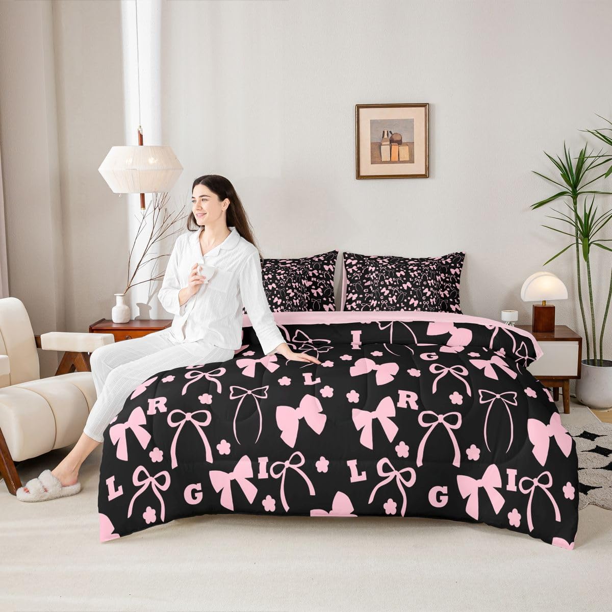 Feelyou Bow Comforter Set Twin Size 7 Pieces Balck Pink Bedding Set Floral Bed in a Bag with Comforter, Sheets, Pillowcases, Cushion Covers Cute Bowknot Bedroom Decor Personalized Initial Letter