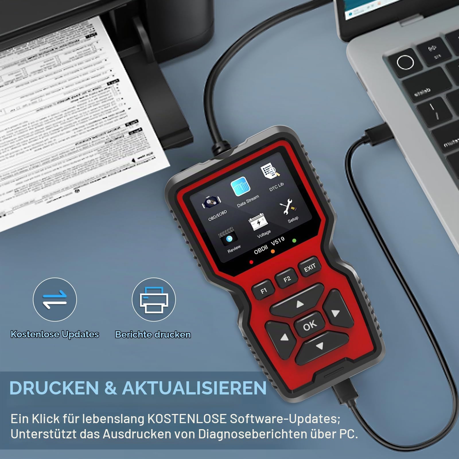 OBD2 Diagnosegerät Werkzeuge, V519 OBD2 Scanner Codeleser Motorfehlercode-Lesegerät, OBDII Diagnosegerät für Protokoll, Spannungserkennung und -überwachung, Motor Prüfen, LCD-Bildschirm
