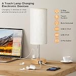 Fenmzee Lampe de table de chevet pour chambre - 3 Lampe tactile à perte de vitesse USB C Ports de recharge et AC Outlet, Base en bois de petite lampe en lin rond nuance pour salon, bureau, LED Ampoule incluse