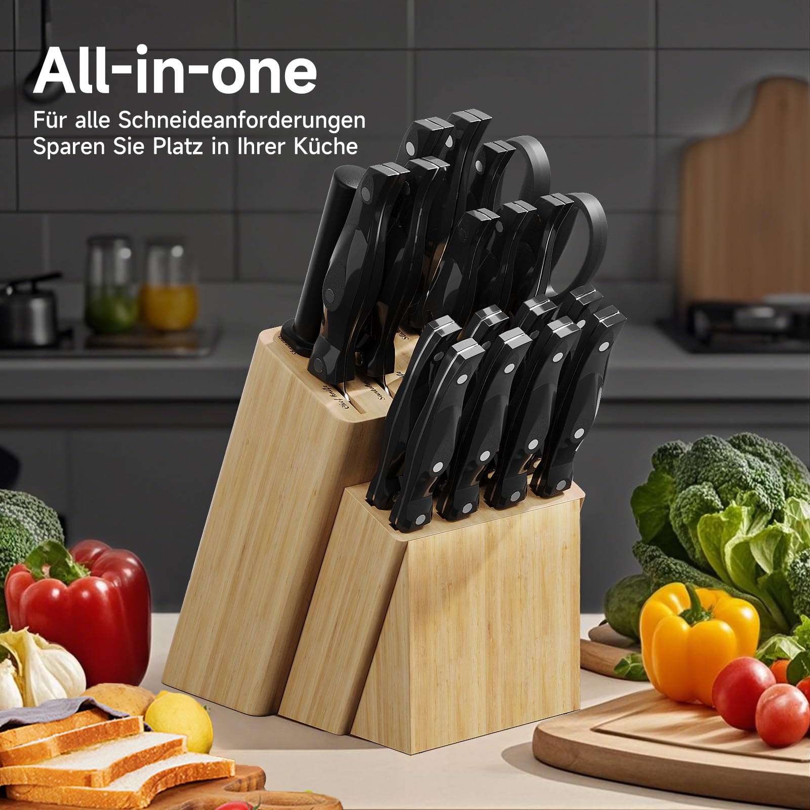 KAZUSHI Messerblock Set 19-teiliges Edelstahl Kochmesser Set mit Holzblock | Profi Küchenmesser set, Küchenset, Geschenke Scharfe