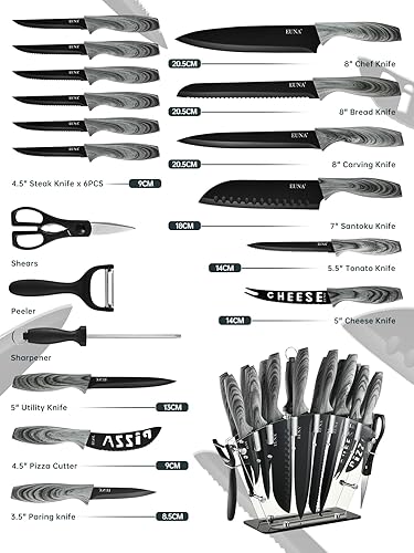 Miniatura 2 de EUNA Juego de 19 cuchillos de cocina con bloque acrílico y afilador, juego de cuchillos de acero inoxidable alemán de alto carbono con 6 cuchillos