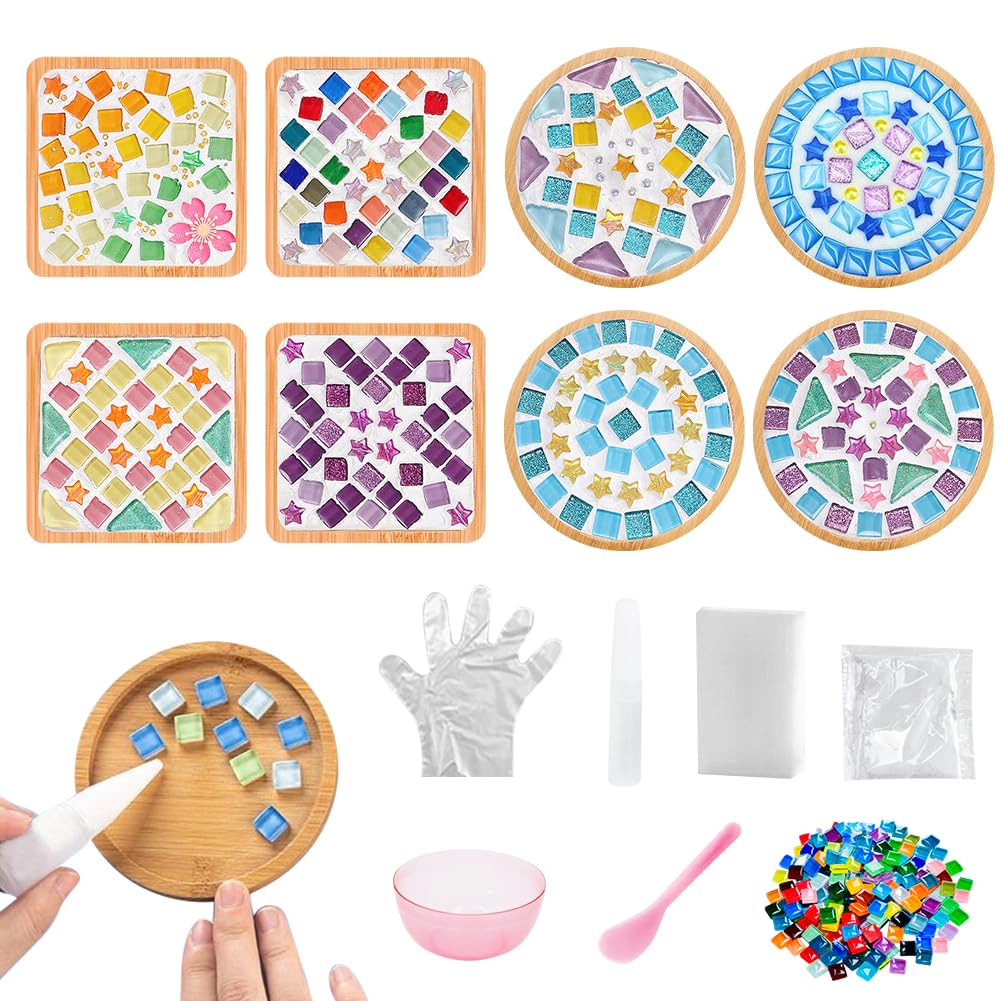 Adboros 8 Sets DIY Glass Mosaic Tiles for Crafts Mixed Color Mosaic Kits with Wooden Coaster for Adults Bamboo Coaster for Drinks Tray Handmade Home Decoration