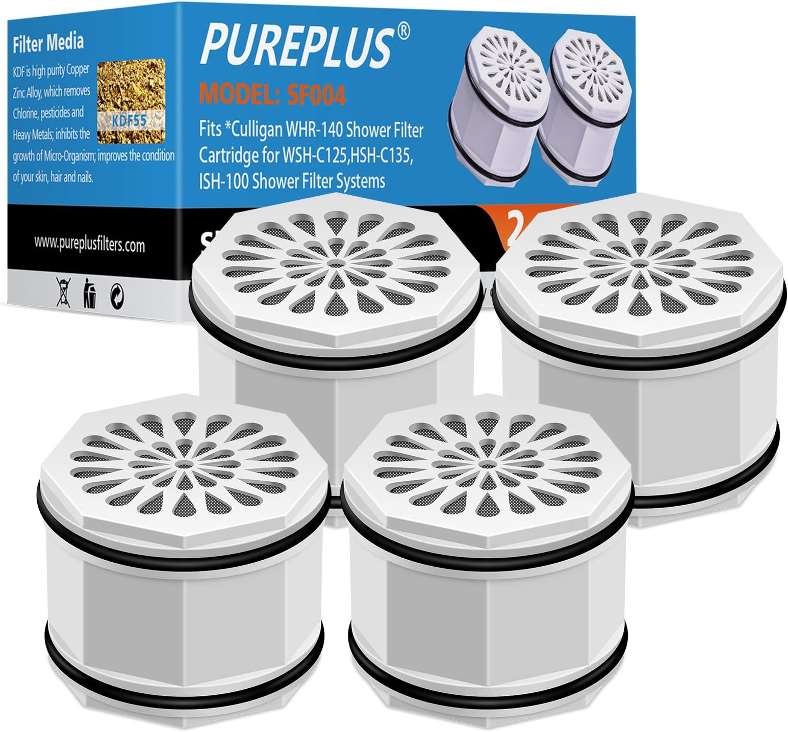 PUREPLUSWHR-140 Shower Head Filter Cartridge, Replacement for Culligan WSH-C125, HSH-C135, ISH-100, HSH-BN135, S-H200-C, S-H200-BN, S-W100-C Advanced KDF WTR Filtration & Consistent Water Flow, 4Pack