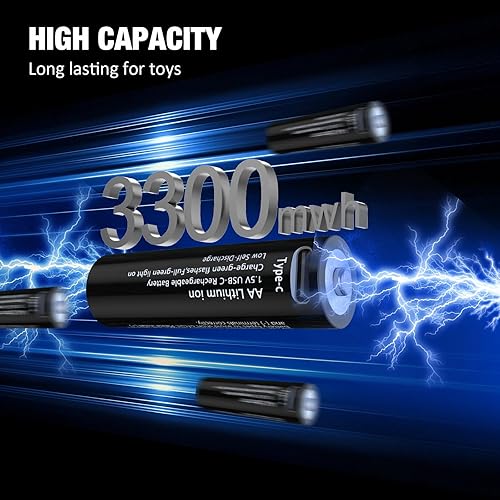 Rechargeable Lithium aa Batteries,USB c Rechargeable aa Batteries 4 Pack 3300mWh with 4-in-1 USB C Cable,1200+ Cycles,2H Fast Charge,Low self-Consumption Power for Toys,Gaming,Smart Home,Xbox