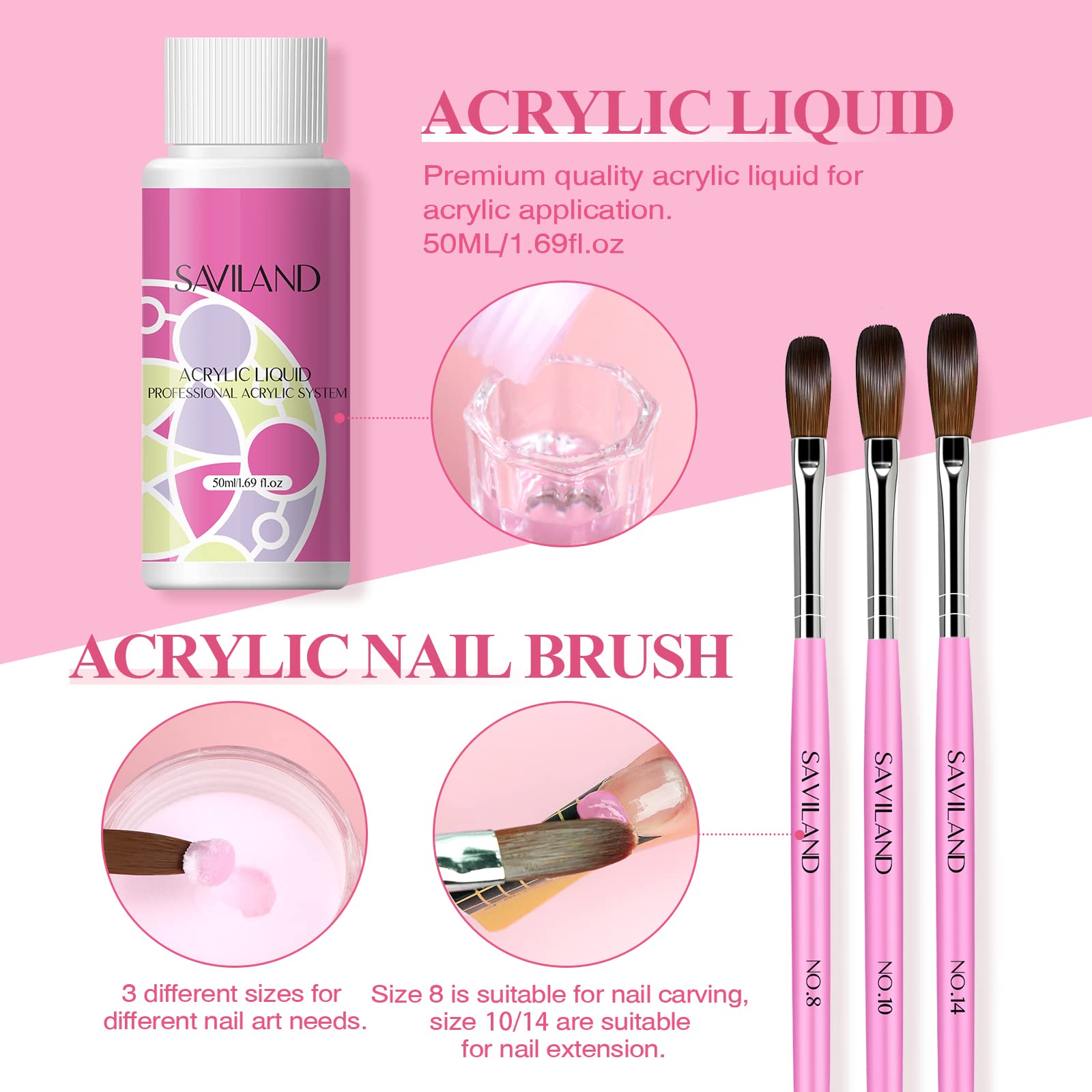Saviland Kits De Uñas AcríLicas Para Principiantes: Polvo AcríLico Rosa Blanco Transparente, Cepillo De Uñas Líquido AcríLico, Taladro Eléctrico Para Uñas, Imprimación Para Uñas