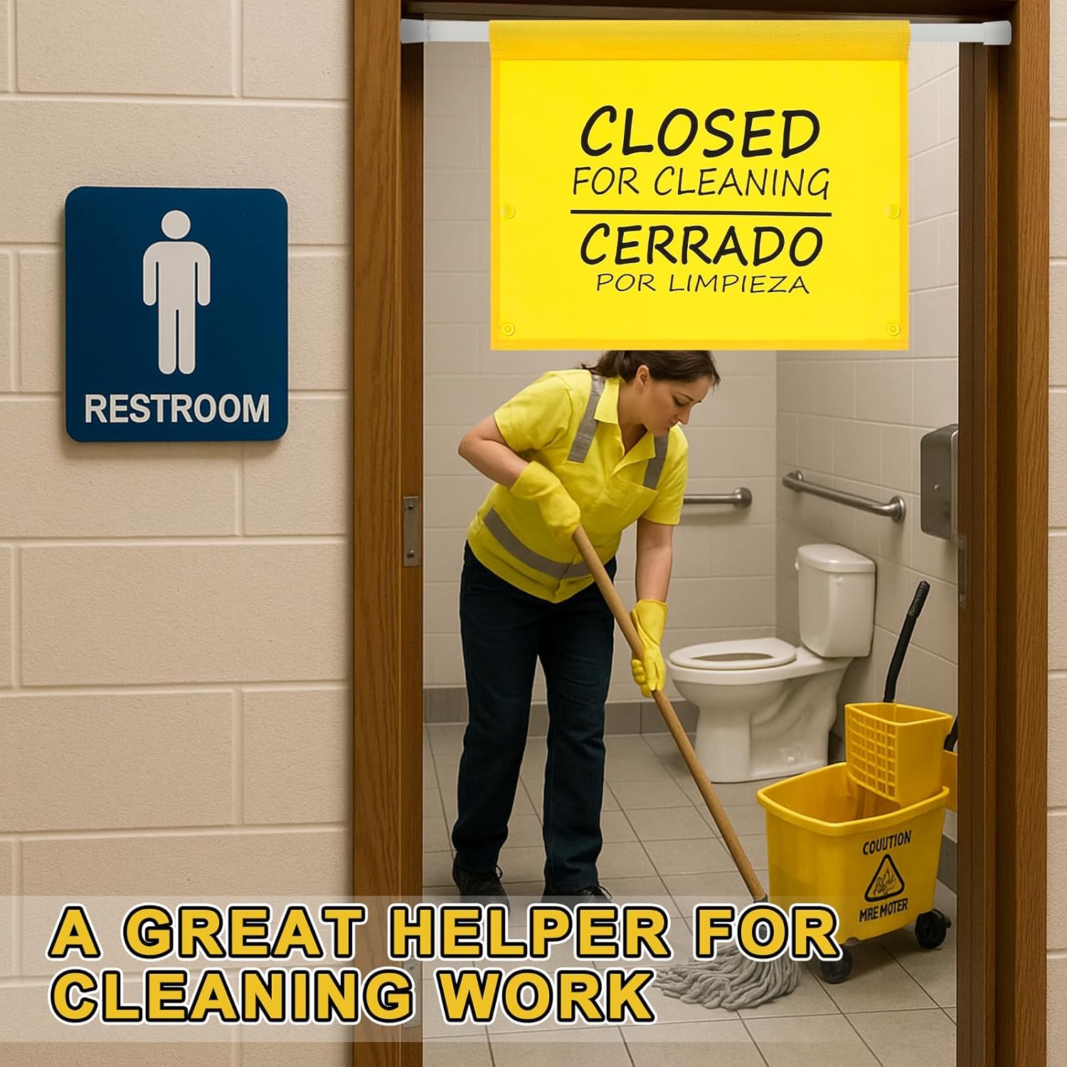 Kingdder 3 Pcs Restroom Closed for Cleaning Sign English Spanish Yellow Safety Hanging Sign for Restroom Maintenance Clean Use Facility Maintenance Suitable Cleaners Toilets Bathrooms