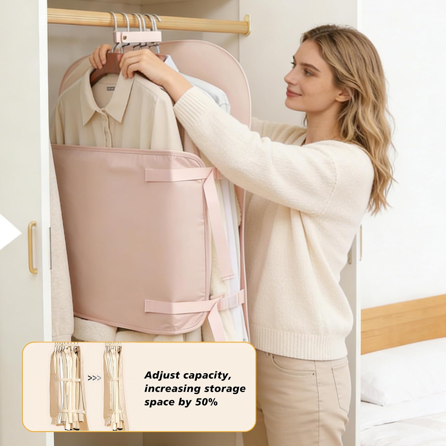Closet Press Board Organizer, Space Saving Garment Bag, Space Saver Compression Bags, Jacket Storage For Closet, Large Capacity Closets Organizer For Office Bedroom Travel RV Daily Home (Pink)