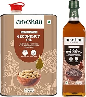 Anveshan Combo of Wood Pressed Groundnut Oil 5L and Black Mustard Oil 1L | Kolhu/Kacchi Ghani/Chekku | Natural | Chemical-Free | Cold Pressed Oil for Cooking
