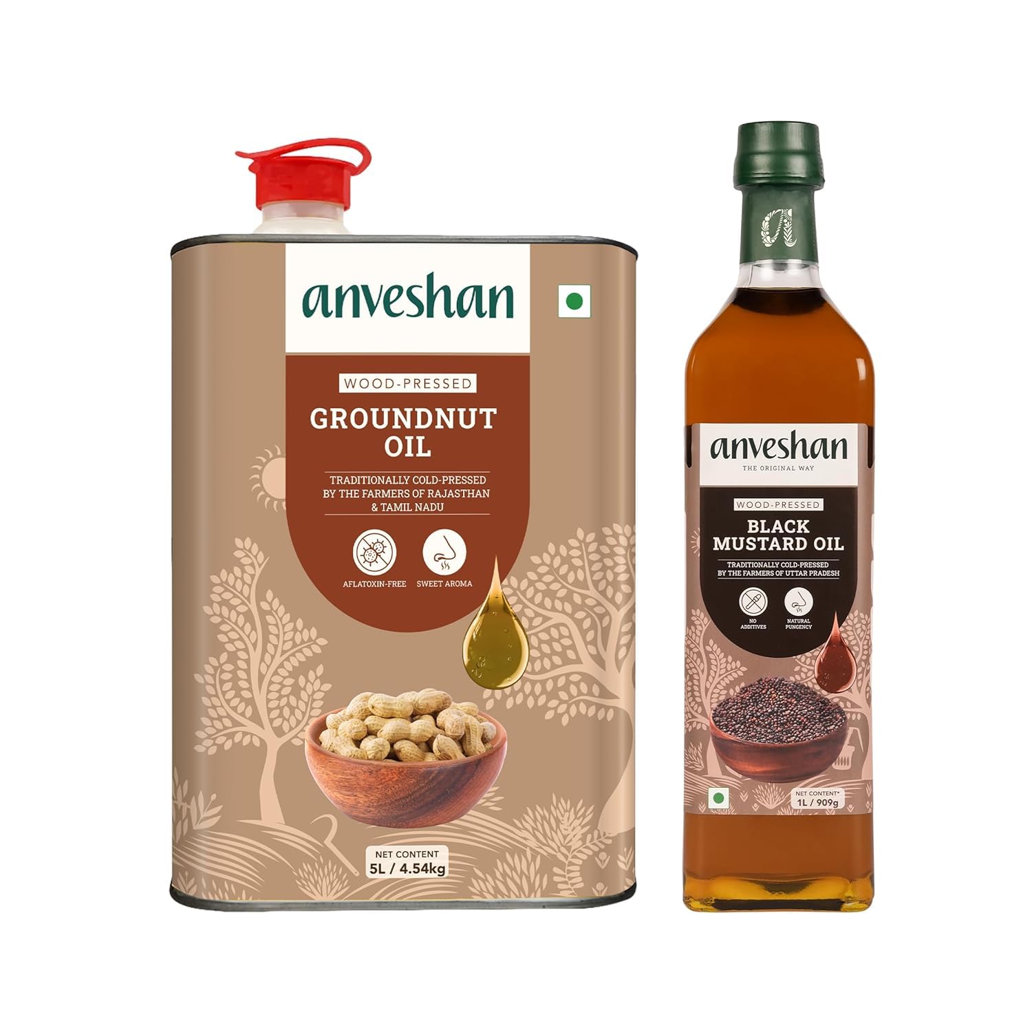Anveshan Combo of Wood Pressed Groundnut Oil 5L and Black Mustard Oil 1L | Kolhu/Kacchi Ghani/Chekku | Natural | Chemical-Free | Cold Pressed Oil for Cooking