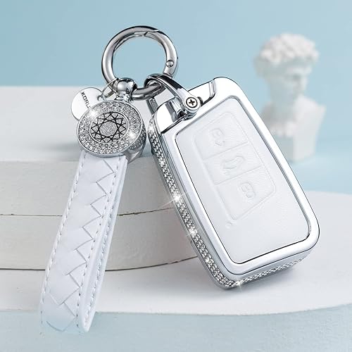 Miniatura 5 de SHANGHONG Funda compatible con Volkswagen para llavero con llavero de cuero de cristal de protección de 360 grados funda para llave VW de 3 botones