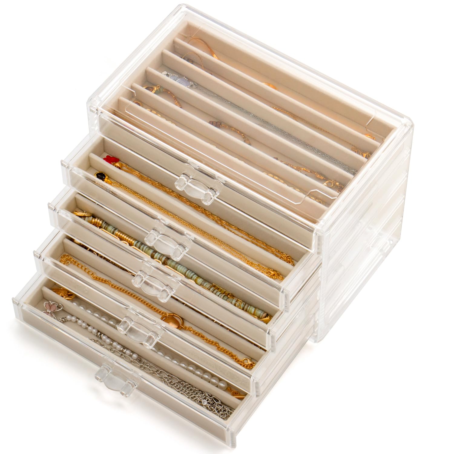 Necklace Organizer Box with 5 Drawers 30 Compartments, Dustproof Velvet Necklace Display Tray, Acrylic Necklaces Display Case, Pendant Chains Necklace