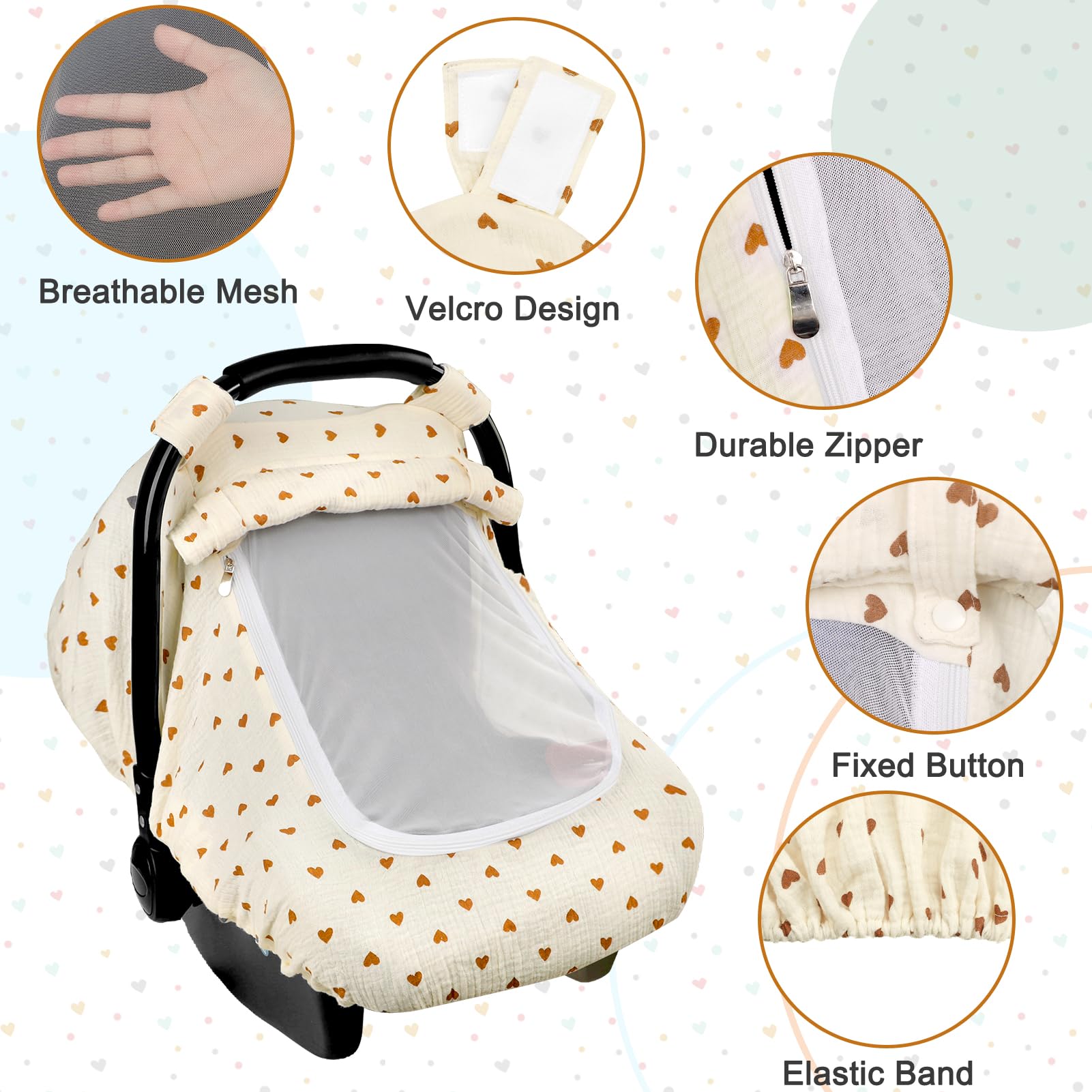 Hooyax Musselin Autositzbezug Baby, atmungsaktiver Baby-Autositzbezug für Jungen und Mädchen, leicht, universelle Passform, Babyautositzbezug, Baldachin, kleines Herz