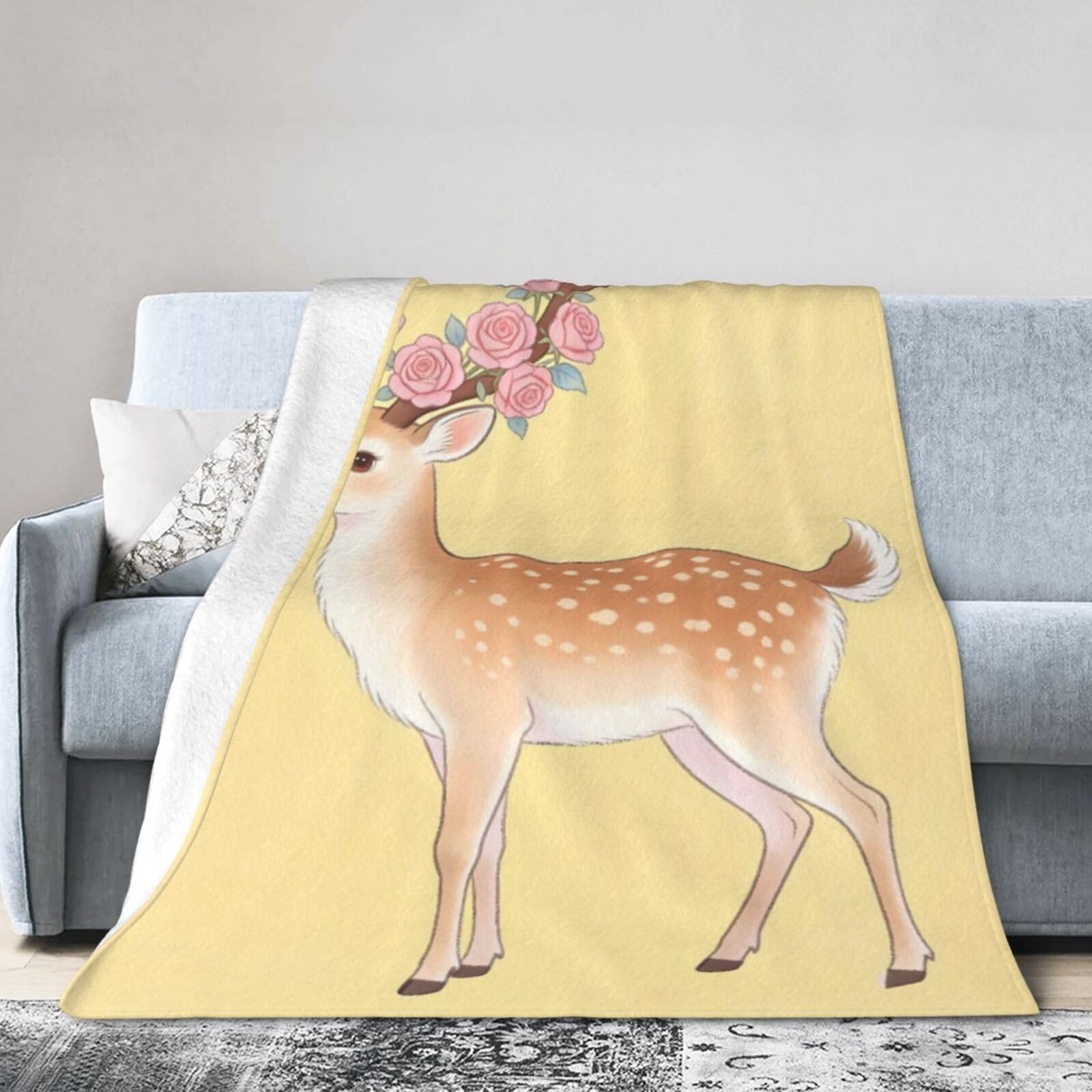 Couverture polaire cerf et rose 152x127 cm plaid chaud et doux pour canapé