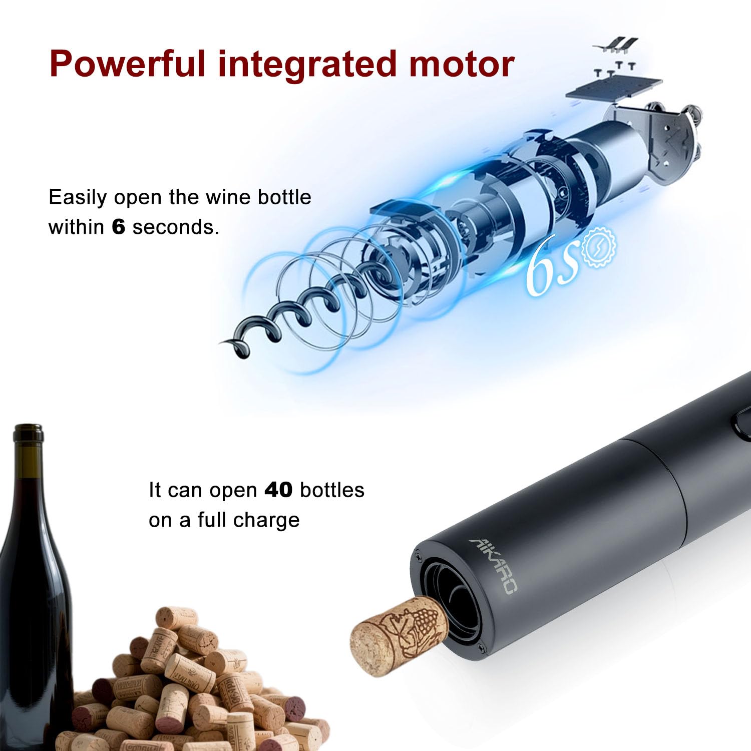 AIKARO - Abrebotellas de vino eléctrico Sacacorchos electrónico automático (Set A)