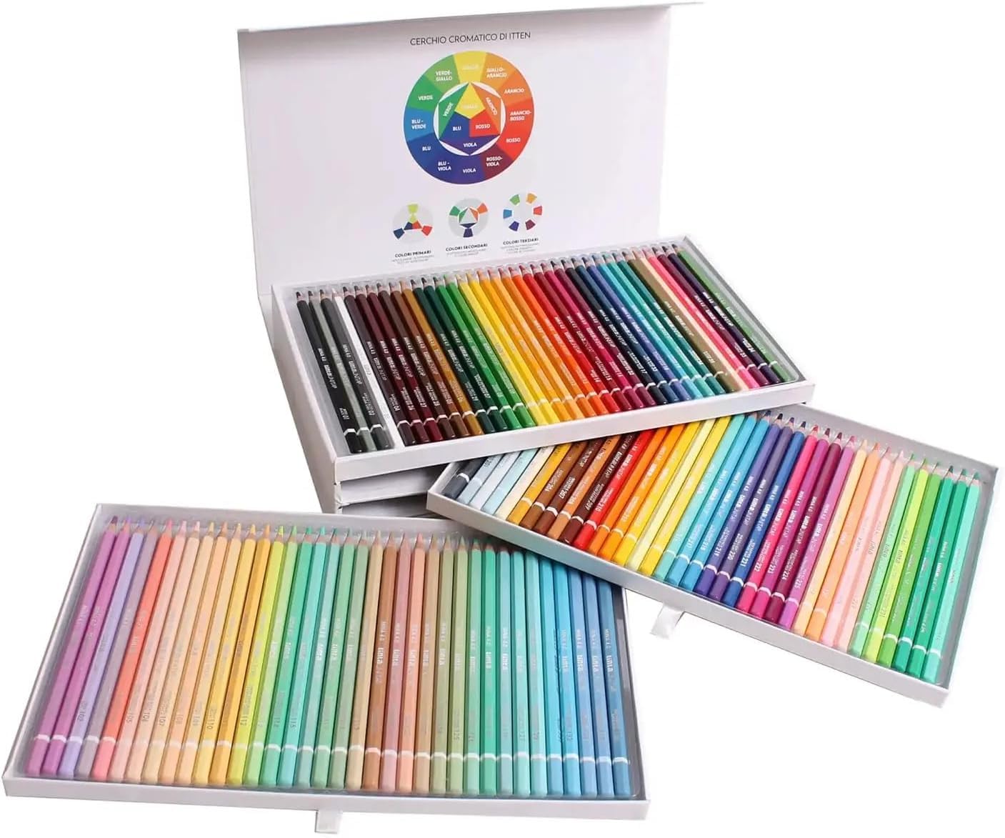 Generico Tinta Unita Valigetta 108 Matite Colorate Classiche Fluo Pastello | 3 Strati di Matite, Colori Assortiti, Inclusi Toni Fluo, Tinte Pastello, Per Disegno Artistico