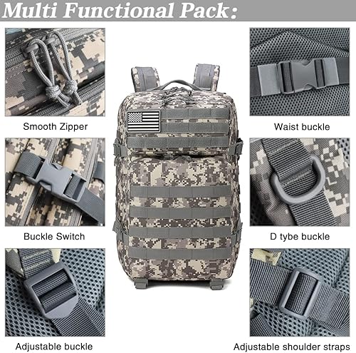 Miniatura 5 de LIMHOO Mochilas tácticas militares de 45L para hombres y mujeres, bolsa Molle de 3 días, mochila de senderismo con parche de bandera de Estados