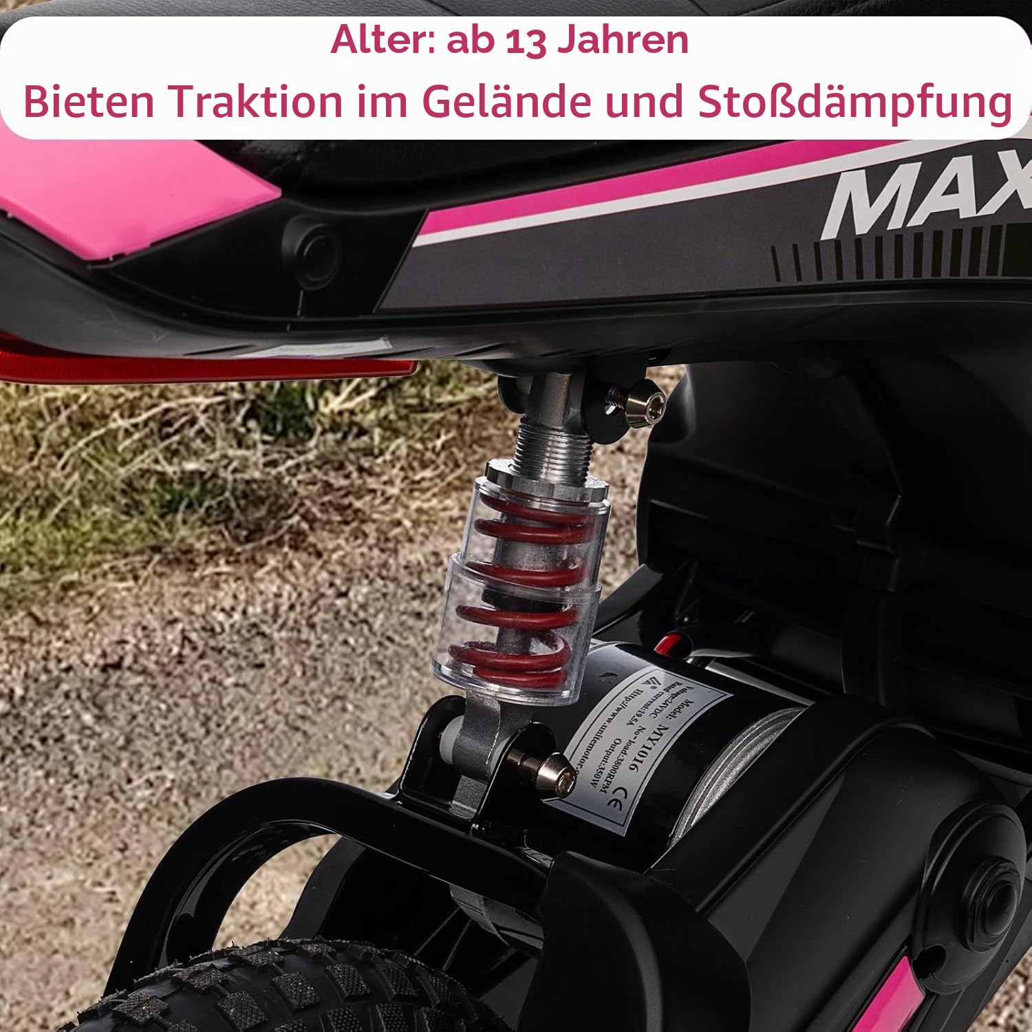 Garvee Elektro Motorrad Kinder 12V 250W Dual-Battery, Elektro Motocross | Elektro Crossbike mit Stoßdämpfer, Robuste Reifen, Geschwindigkeit 10–23 km/h, Belastung 65 kg, für Kinder ab 13 Jahren, Rosa