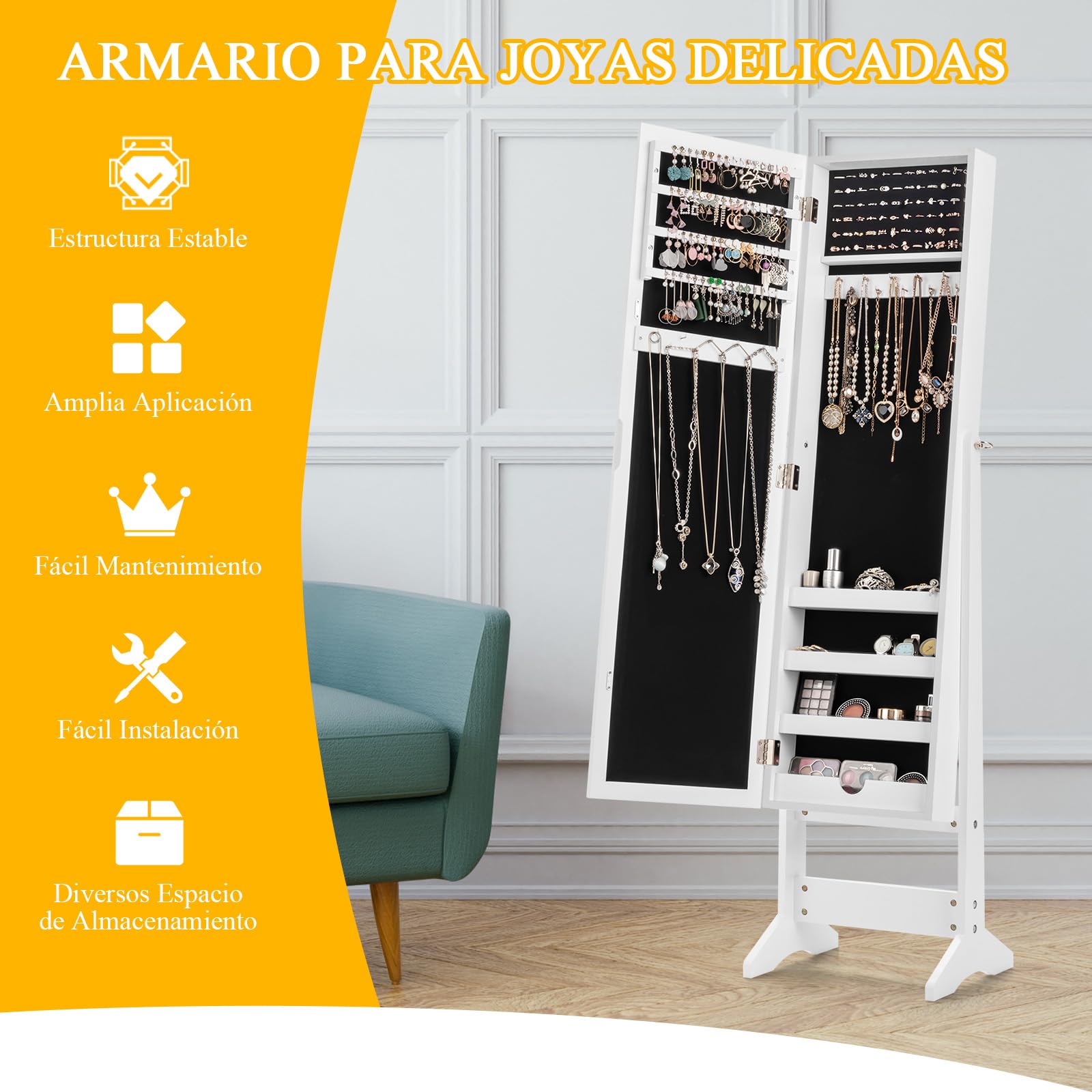 RELAX4LIFE Armario para Joyas con Patas, Joyero con Espejo de Cuerpo Entero Ajustables en 4 Ángulos, Organizador de Joyas con Puerta Magnética para Pendientes, Collares y Anillos (Blanco)