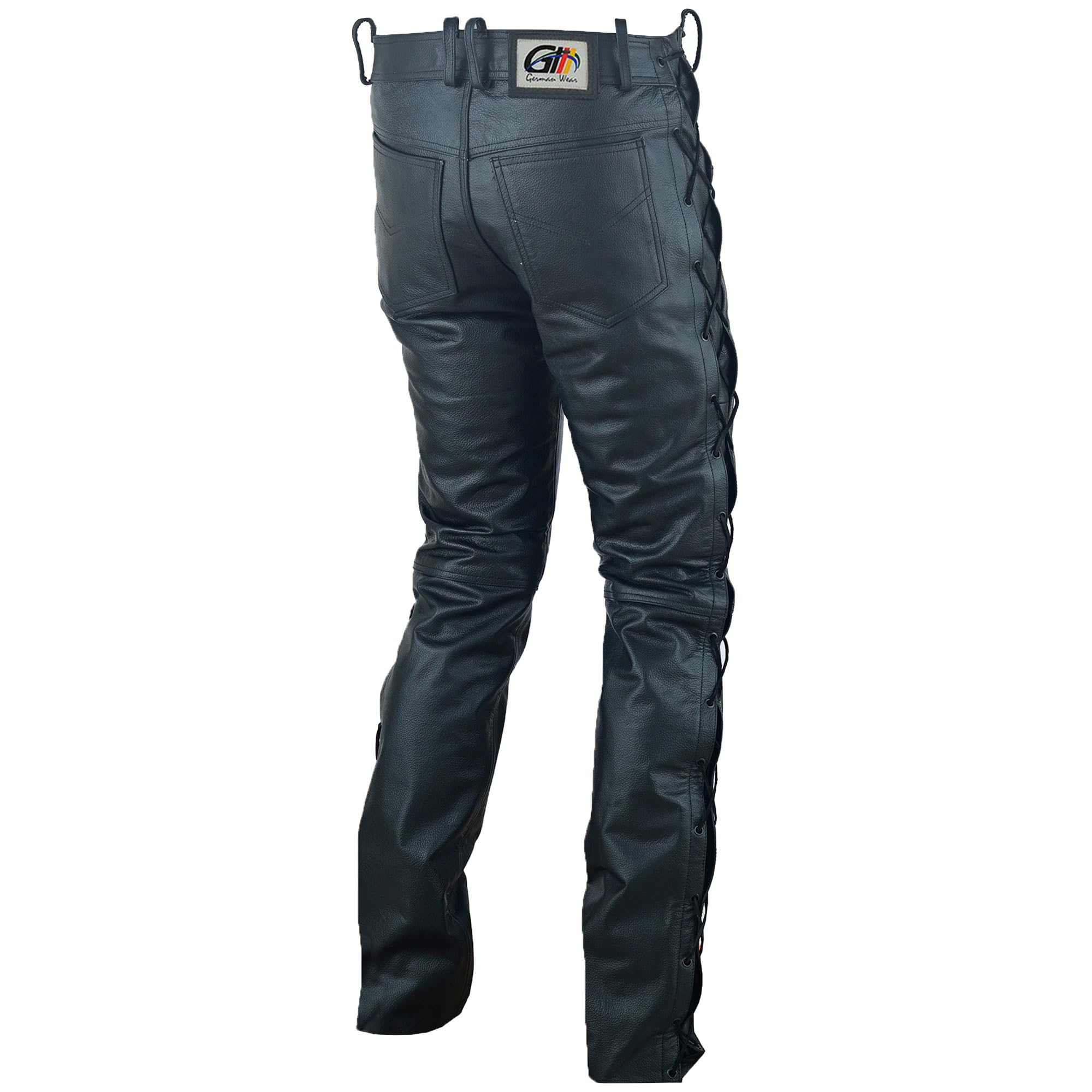 German Wear Lederhose lederjeans bikerjeans Büffelleder seitlich geschnürt Schwarz