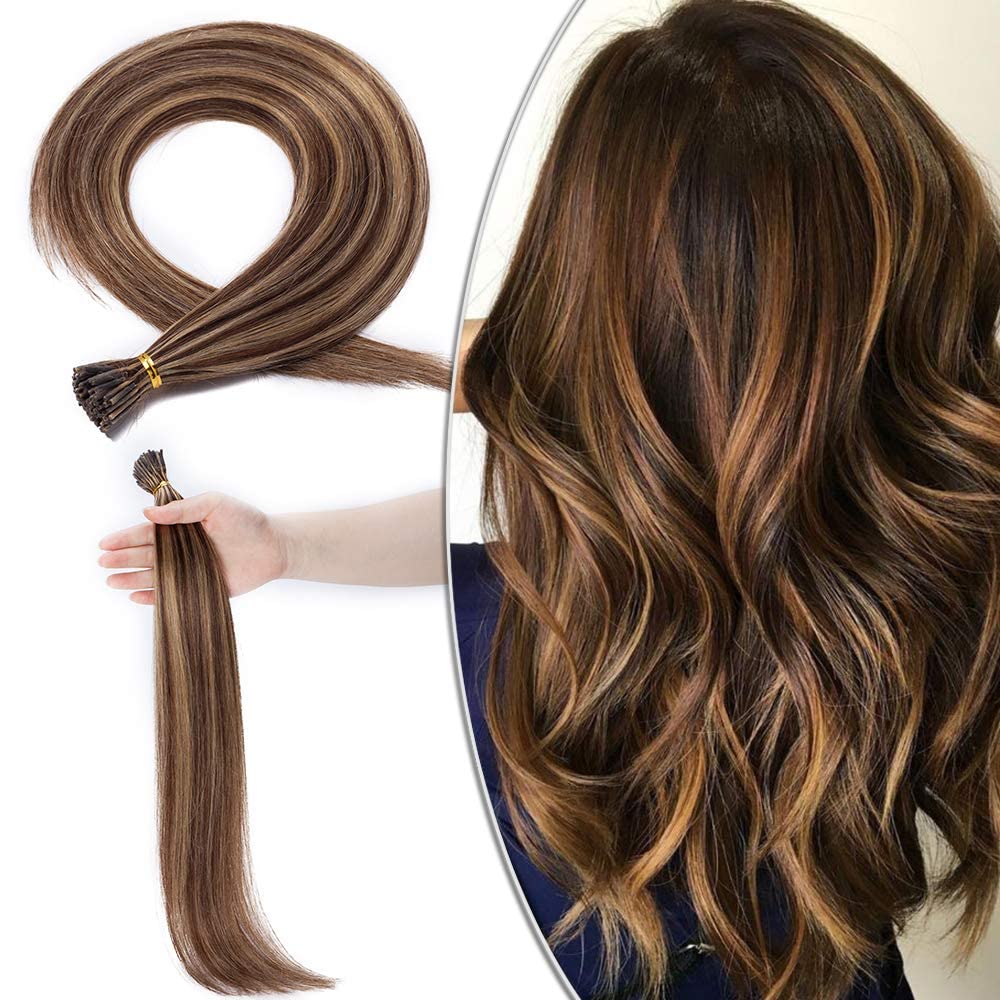 Elailite I Tip Hair Extensions 100 Strands Pre Bonded Stick Tip Keratin Real Remy Human Hair Extension Straight - #4/27 Medium Brown Mix Dark Blonde - 16 inches