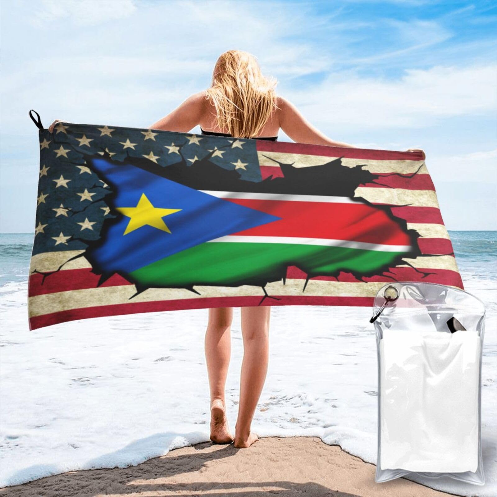 HACXZ Vintage America Flag and South Sudan Roots South Sudan Flag Absorbent Beach Towel Microfiber Beach Towel Lightweight 27.5"X55"
