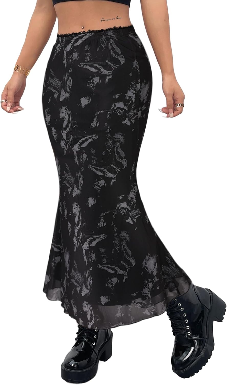Avanova Women Boho Floral Mesh Long Skirts Elastic High Waisted Mermaid Hem 90s Grunge Maxi Skirt Black Grey XX-Large - Image 3