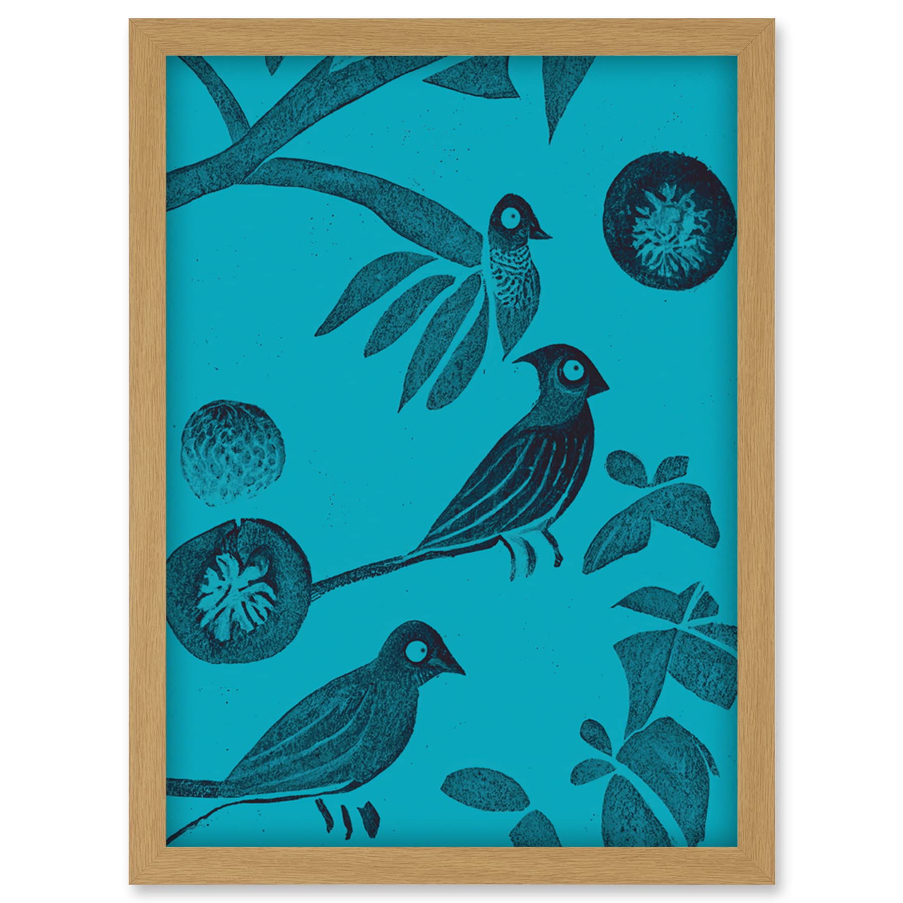 Doppelganger33 LTD Linocut Vintage Blue Birds Jungle Pattern Illustration Teal Artwork Framed Wall Art Print A4