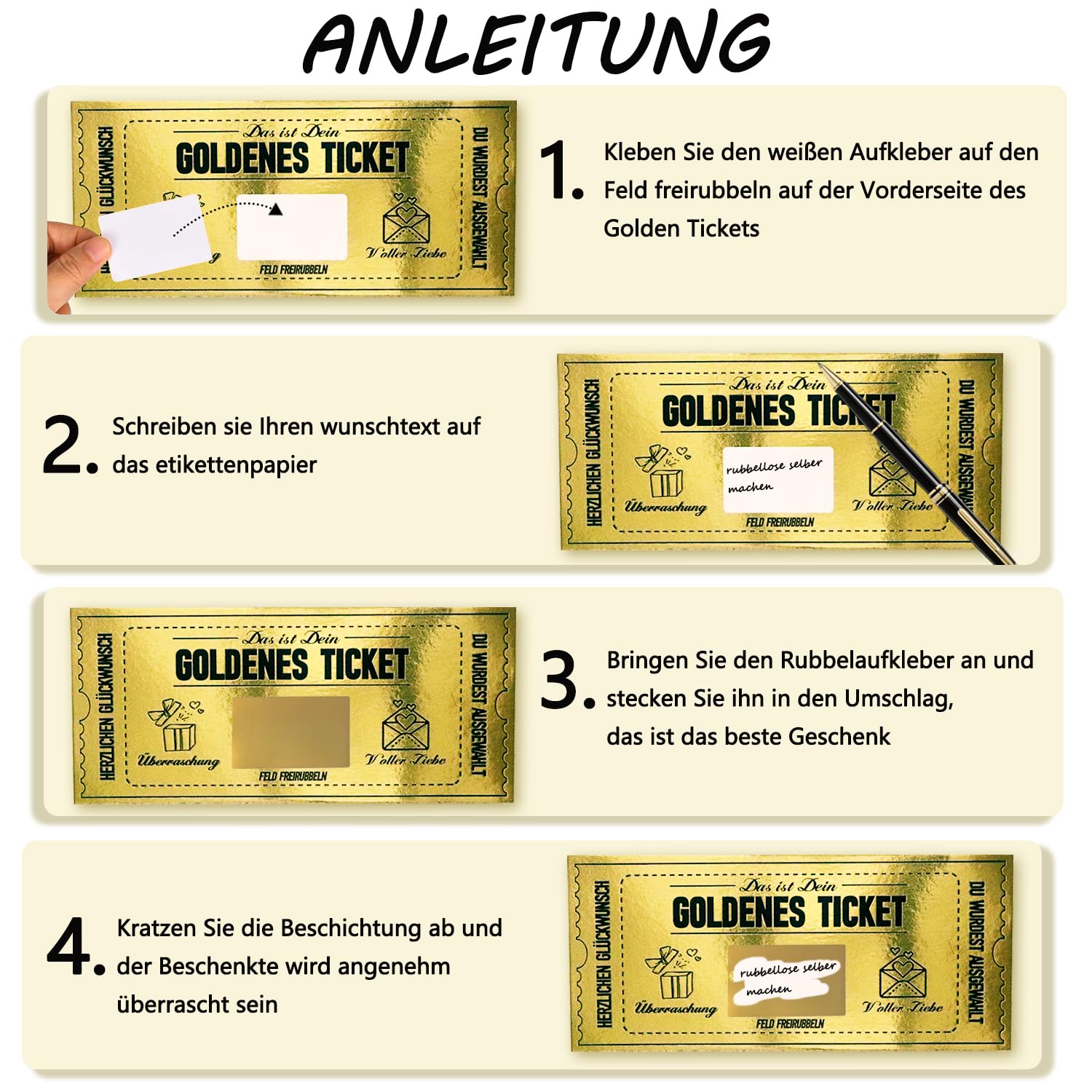 Pack of 6 Golden Ticket Scratch-Free Voucher Card Gift Voucher Travel Voucher to Fill Yourself Birthday Card Golden Ticket with Envelope Gift Idea for Girlfriend, Mum, Child - 4