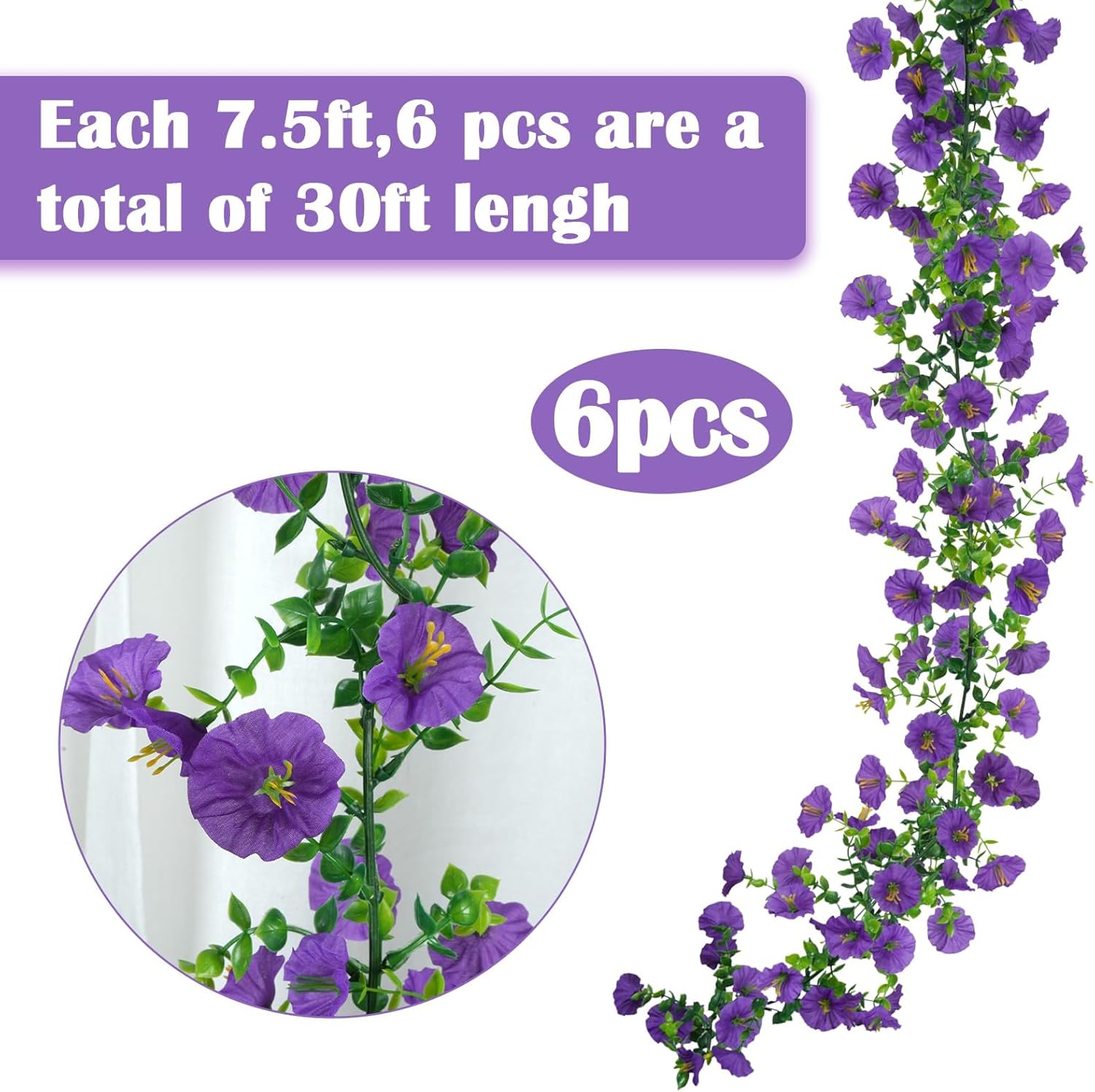 GTIDEA 6Pcs Fake Vines Spring Garland 36Feet Artificial Hanging Morning Glory Flower Garland Purple for Outdoors Wall Fence Indoor Arch Wedding Décor