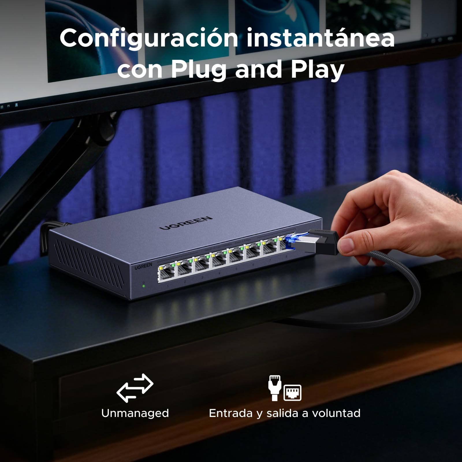 UGREEN 2.5G Switch Ethernet 8X2.5G Puertos, Plug y Play (8 Puertos) | Switch RJ45 Carcasa Metal No Gestionado 4KV Multiprise RJ45 Montaje Mural para PC NAS Servidor Consola de Juegos Vídeo 4K/8K