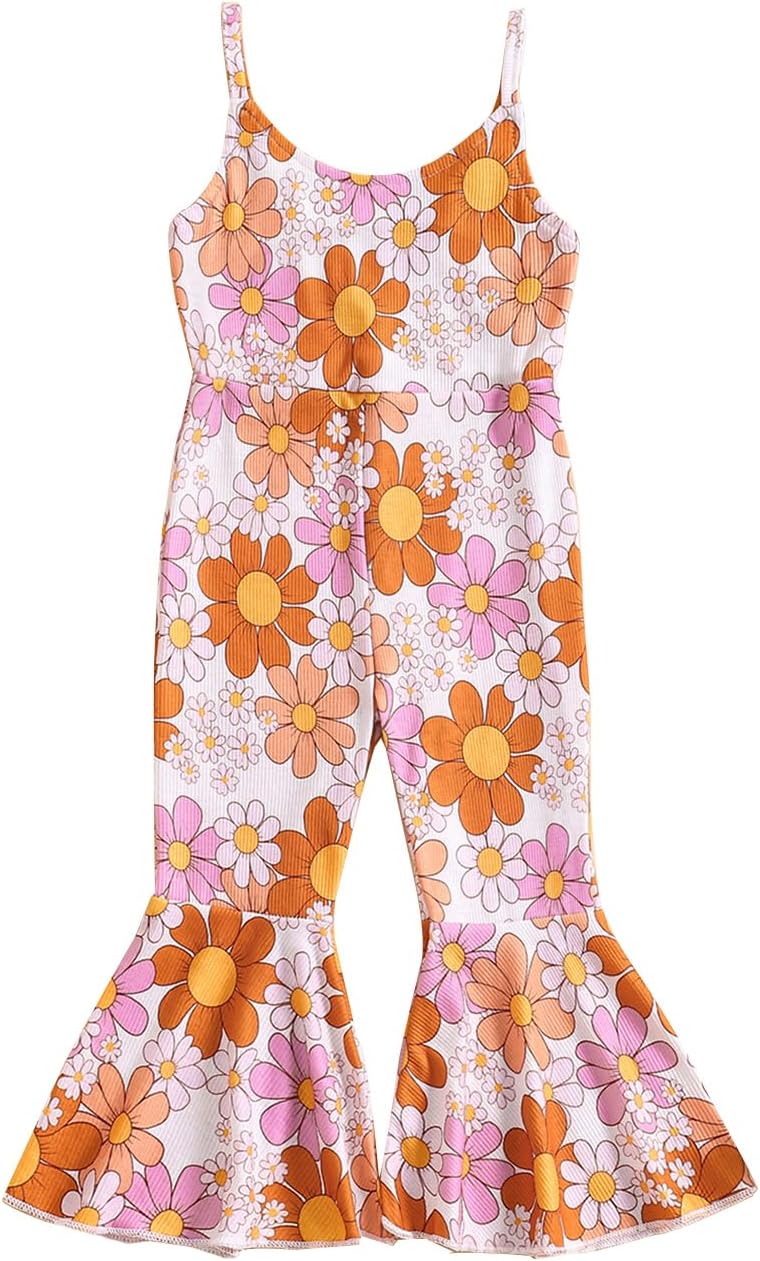 DcohmchToddler Girl Bell Bottom Jumpsuit Sleeveless Romper Pants Flower Halter Overalls Summer Clothes 1-5T