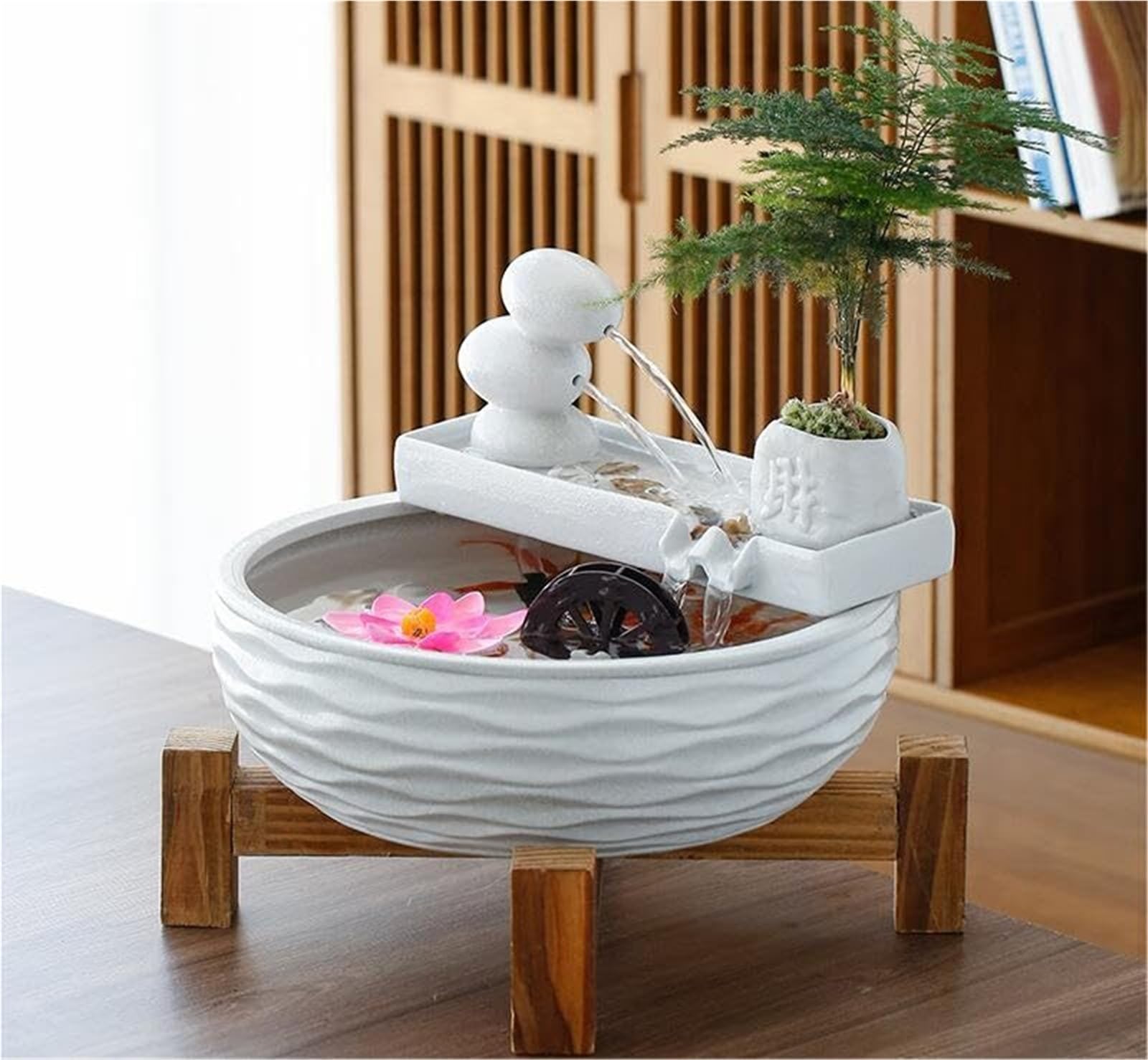 Fuente decorativa de jardín, fuente de agua con cascada, de cerámica, diseño de bambú, con iluminación LED, función humidificadora, bomba de agua, Feng Shui Zen, decoración para salón, oficina, jardín