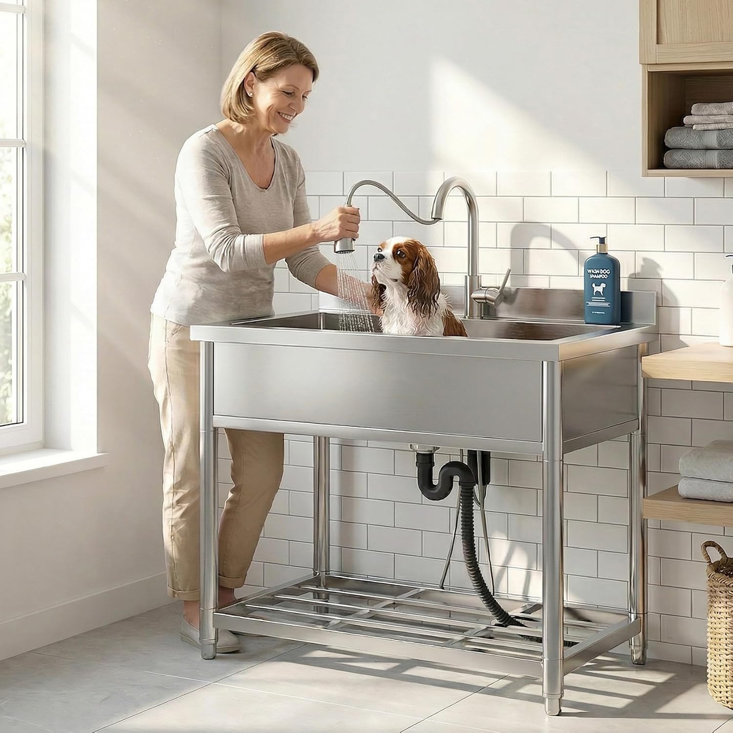 Stainless Steel Large Utility Sink Single Bowl, Freestanding Laundry Sink with Pull-Out Faucet, Utility Sink for Laundry Room, Garage, Kitchen, Outdoor/Indoor Use, W35.4" x D22.4" x H37"