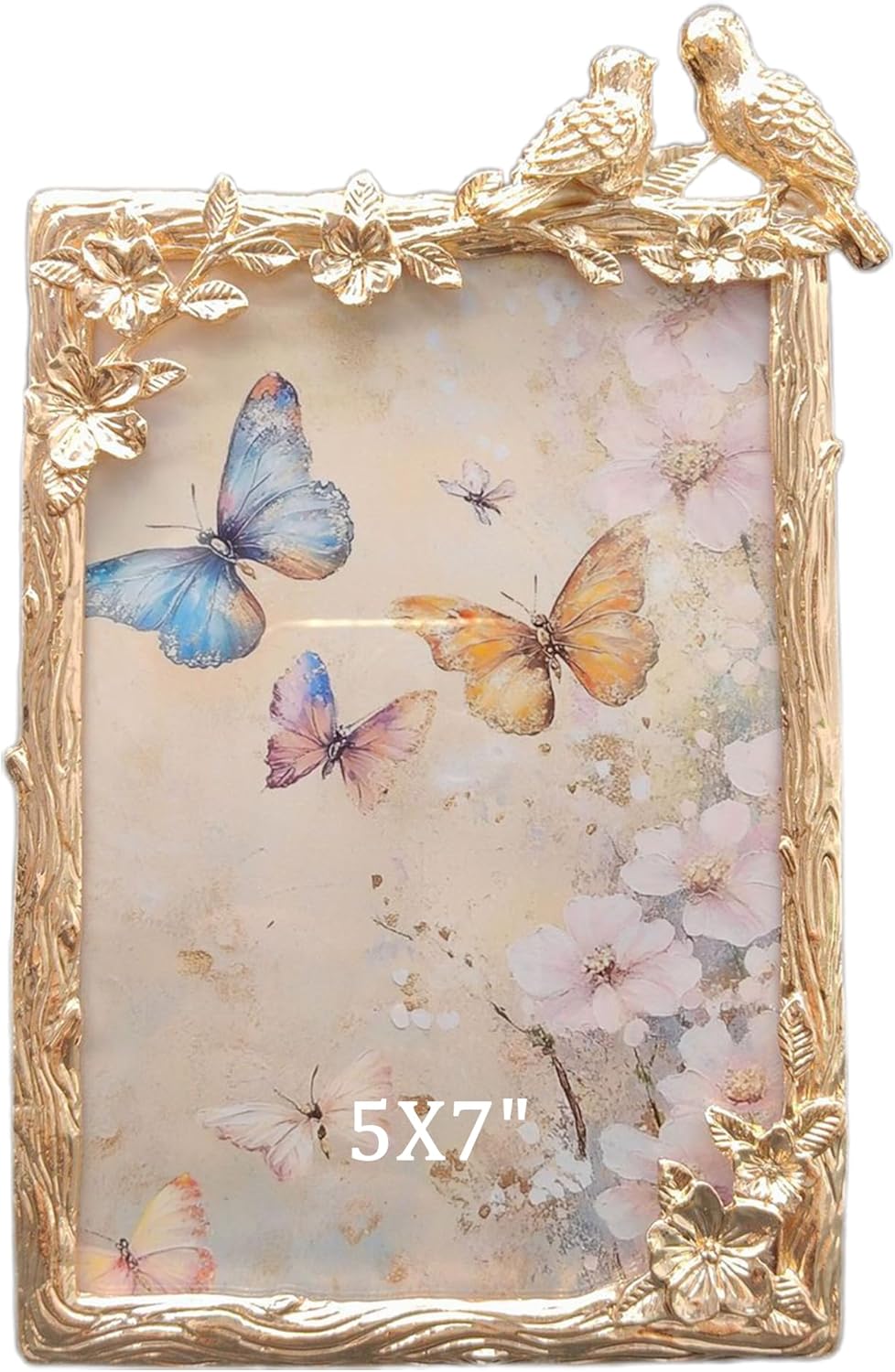 Romantic Picture Frame with Golden Floral Branch & Love Birds - Vintage Metal Photo Frame, HD Glass Wedding Gift for Couples, Woman (Gold, 5X7)