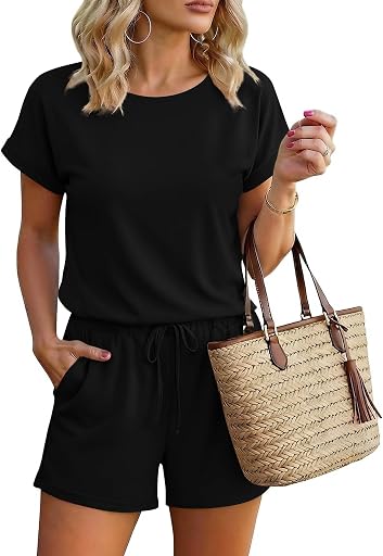 Ekouaer Womens Romper 2026 Summer Casual Short Jumpsuits Beach Vacation Clothes with Pockets