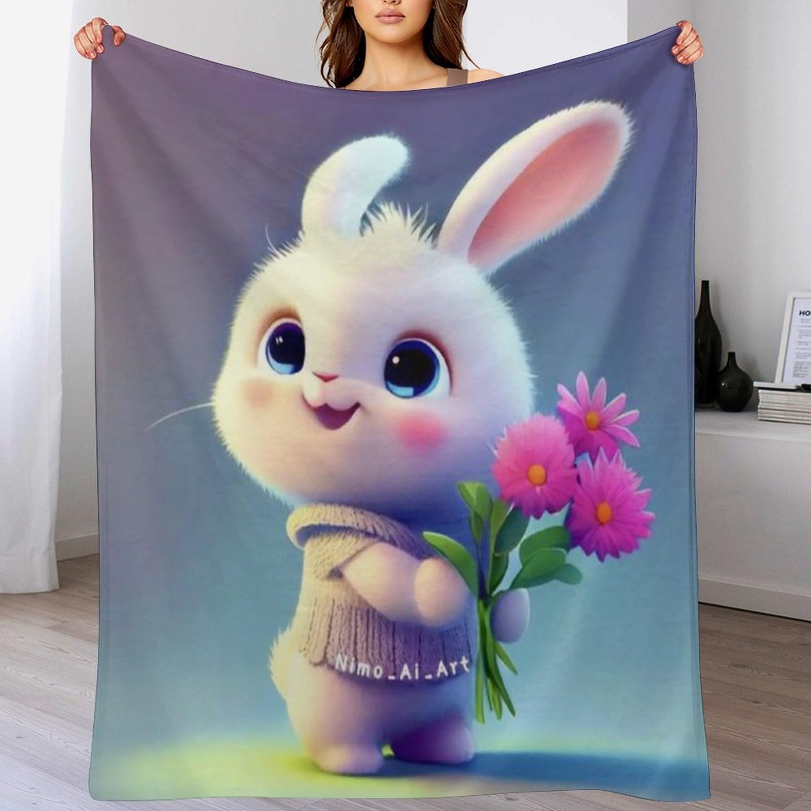 Couverture lapin mignon en flannel polaire douce et moelleuse pour lit et canapé 180x200cm